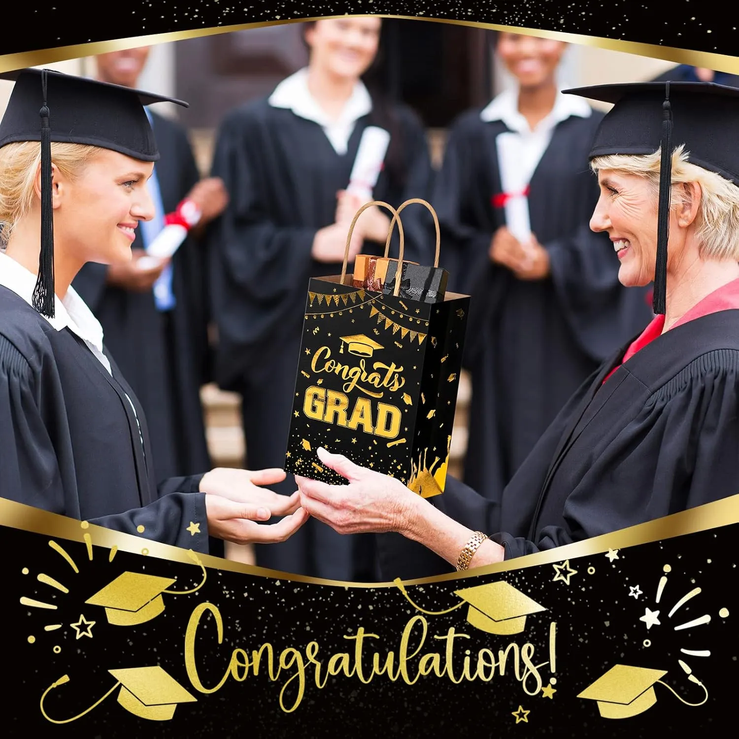 TaoBary 24 Pcs Black Gold 2025 Graduation Gift Bags Congrats Grad Bags Party Favors with Handles Graduation Treat Paper Gifts for Grad Party Supplies, 8 x 6 x 3 Inches