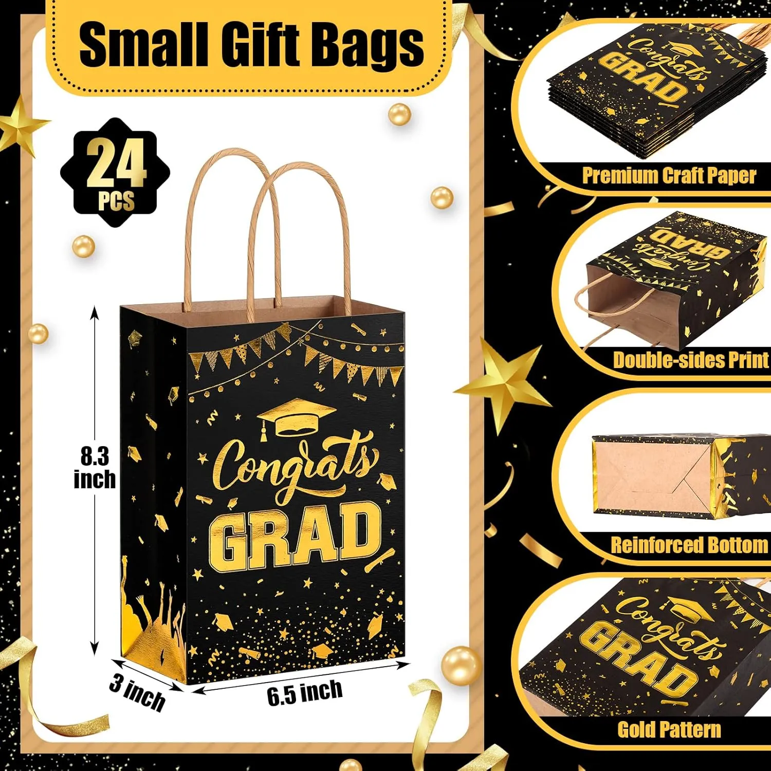 TaoBary 24 Pcs Black Gold 2025 Graduation Gift Bags Congrats Grad Bags Party Favors with Handles Graduation Treat Paper Gifts for Grad Party Supplies, 8 x 6 x 3 Inches