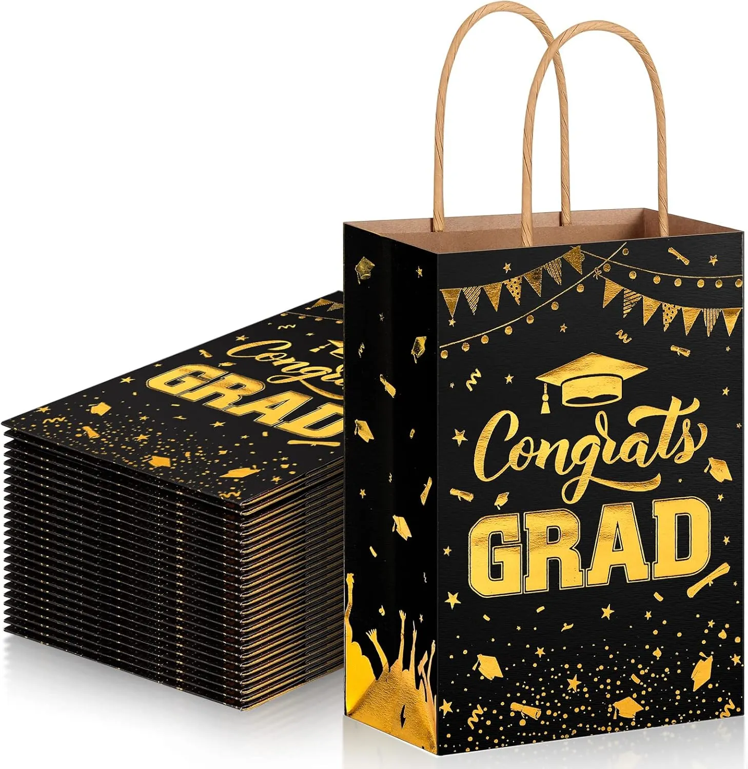 TaoBary 24 Pcs Black Gold 2025 Graduation Gift Bags Congrats Grad Bags Party Favors with Handles Graduation Treat Paper Gifts for Grad Party Supplies, 8 x 6 x 3 Inches