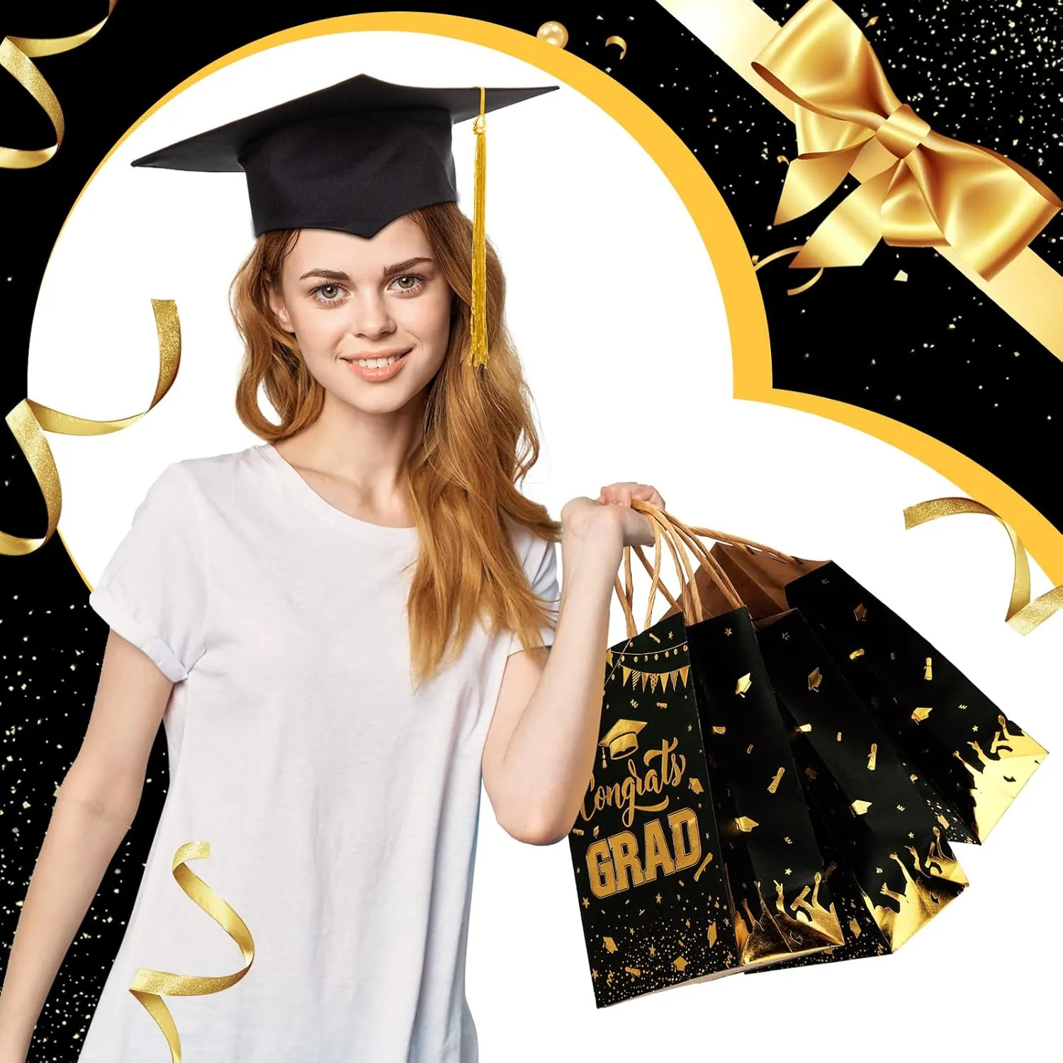 TaoBary 24 Pcs Black Gold 2025 Graduation Gift Bags Congrats Grad Bags Party Favors with Handles Graduation Treat Paper Gifts for Grad Party Supplies, 8 x 6 x 3 Inches