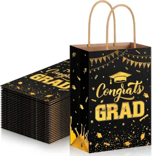 TaoBary 24 Pcs Black Gold 2025 Graduation Gift Bags Congrats Grad Bags Party Favors with Handles Graduation Treat Paper Gifts for Grad Party Supplies, 8 x 6 x 3 Inches