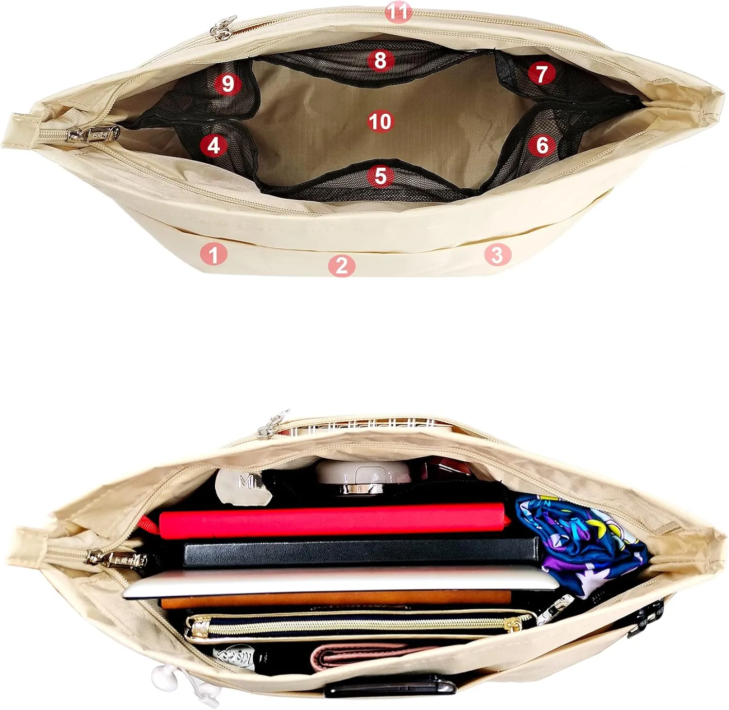 Time Wing Handbag Tote Purse Organizer Insert Bag Liner Shaper Divider Zipper 11 Pockets Compartments X Large Beige