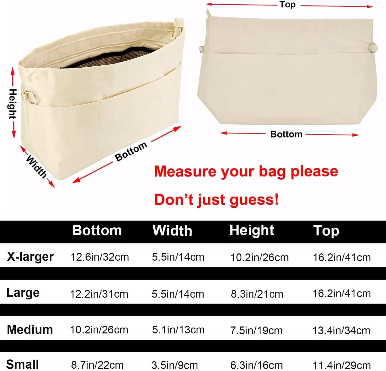 Time Wing Handbag Tote Purse Organizer Insert Bag Liner Shaper Divider Zipper 11 Pockets Compartments X Large Beige