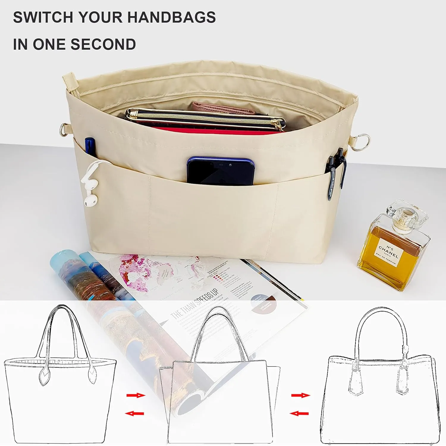 Time Wing Handbag Tote Purse Organizer Insert Bag Liner Shaper Divider Zipper 11 Pockets Compartments X Large Beige