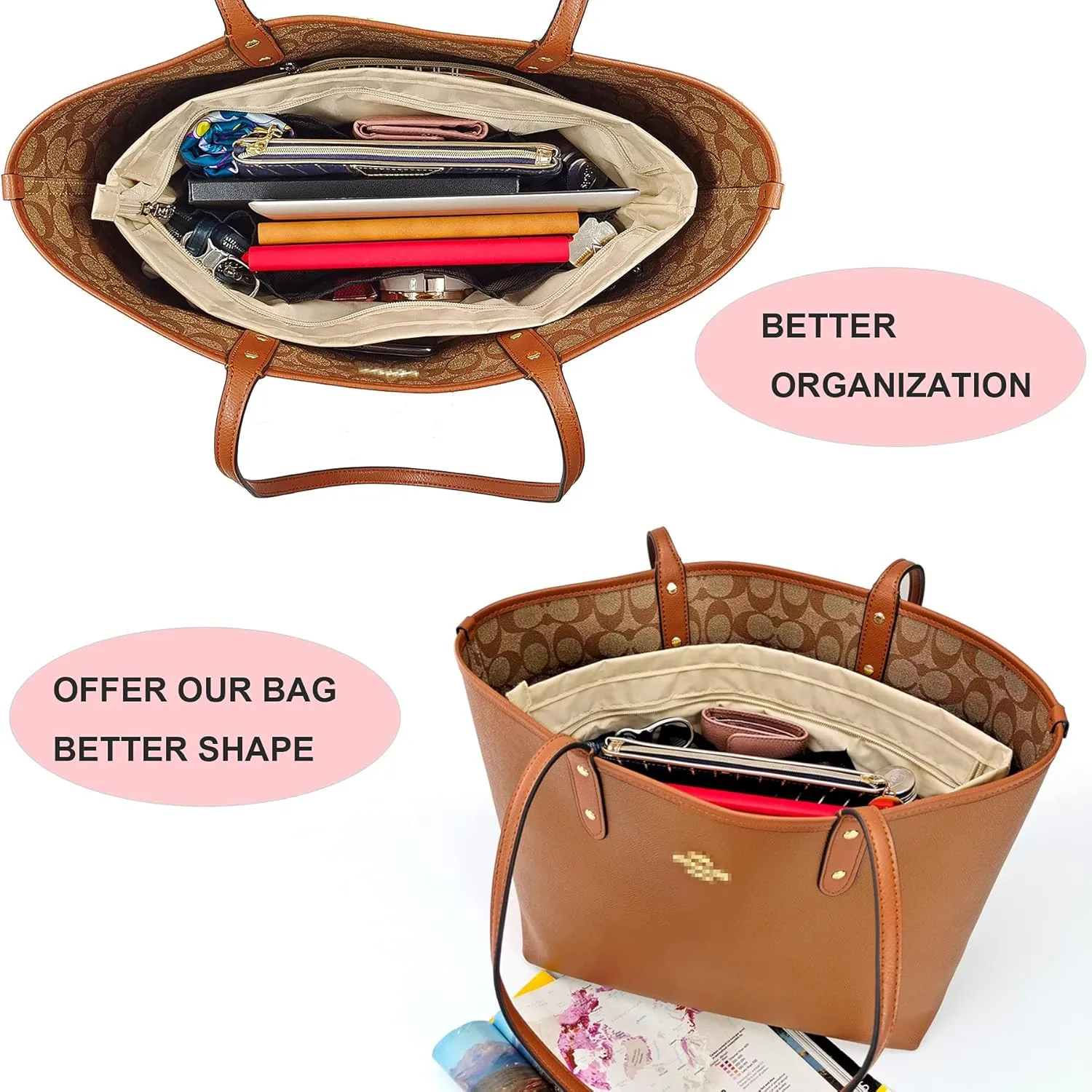 Time Wing Handbag Tote Purse Organizer Insert Bag Liner Shaper Divider Zipper 11 Pockets Compartments X Large Beige