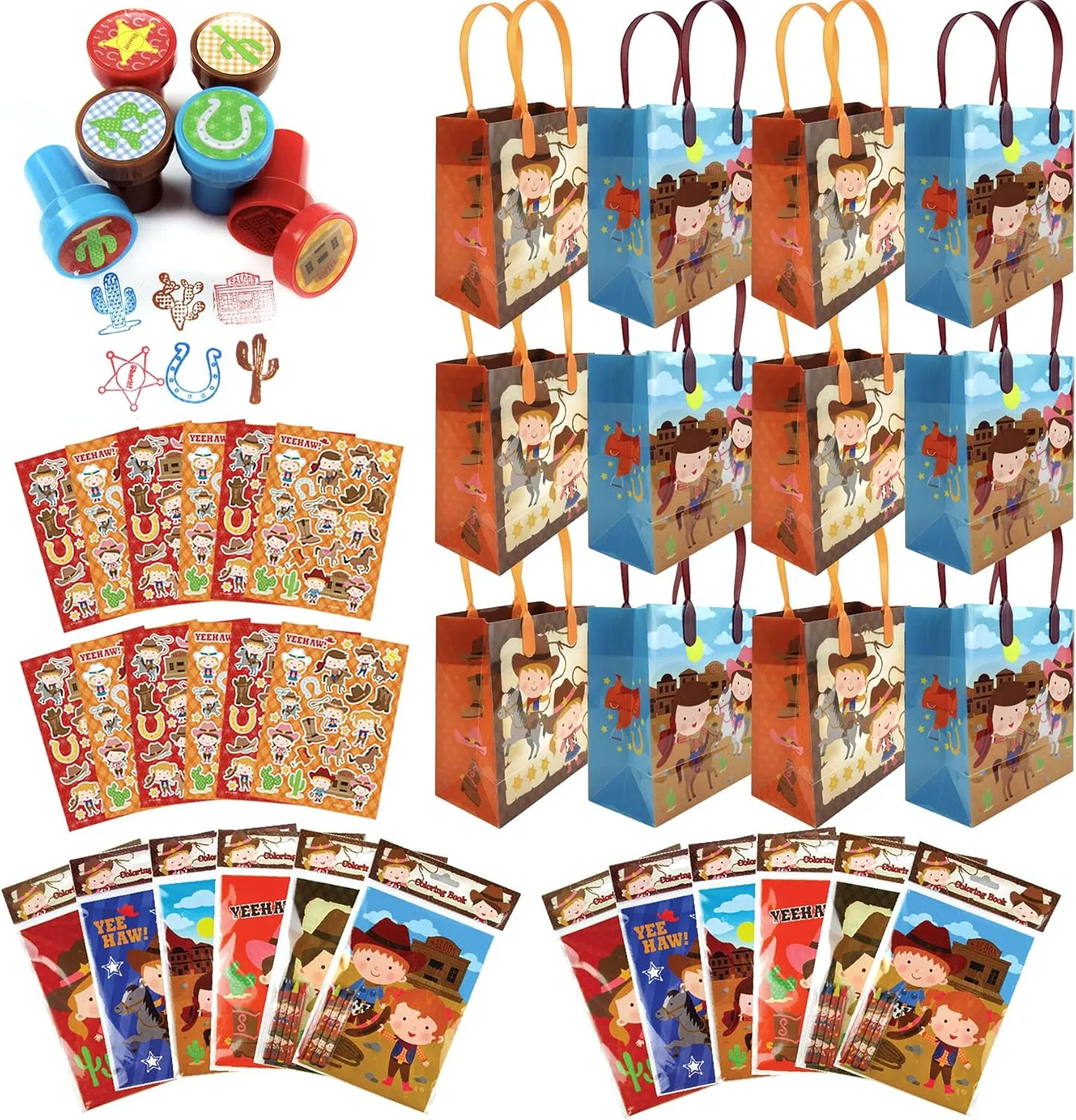 TINYMILLS Western Cowboy Cowgirl Birthday Party Favor Set of 108 pcs (12 Large Party Favor Bags with Handles, 24 Stampers, 12 Sticker Sheets, 12 Coloring Books, 48 Crayons)