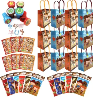 TINYMILLS Western Cowboy Cowgirl Birthday Party Favor Set of 108 pcs (12 Large Party Favor Bags with Handles, 24 Stampers, 12 Sticker Sheets, 12 Coloring Books, 48 Crayons)