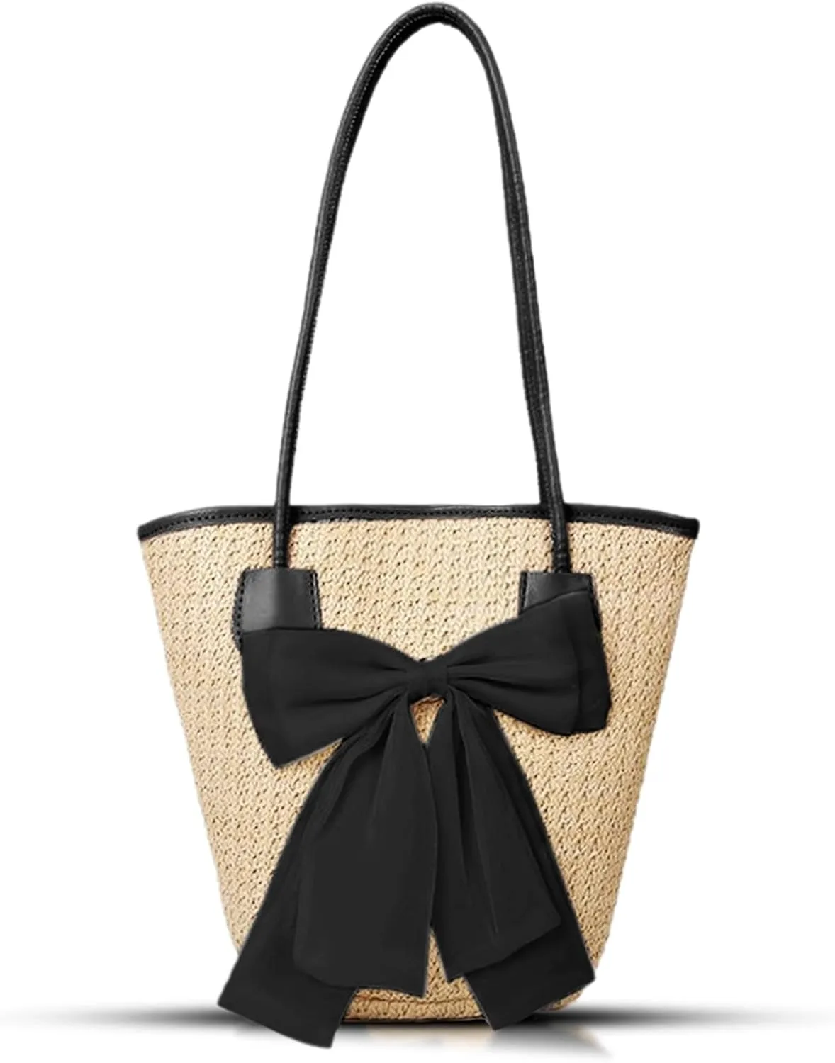 Tote Bag for Women, Straw bag, Handwoven Straw Bag, Large bow and Leather Straps Handbag, Woven Bags Suitable for Beach, Travel, Daily Matching (Black)