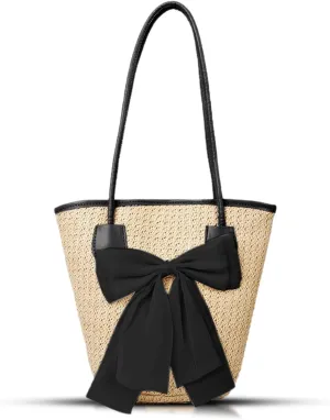 Tote Bag for Women, Straw bag, Handwoven Straw Bag, Large bow and Leather Straps Handbag, Woven Bags Suitable for Beach, Travel, Daily Matching (Black)