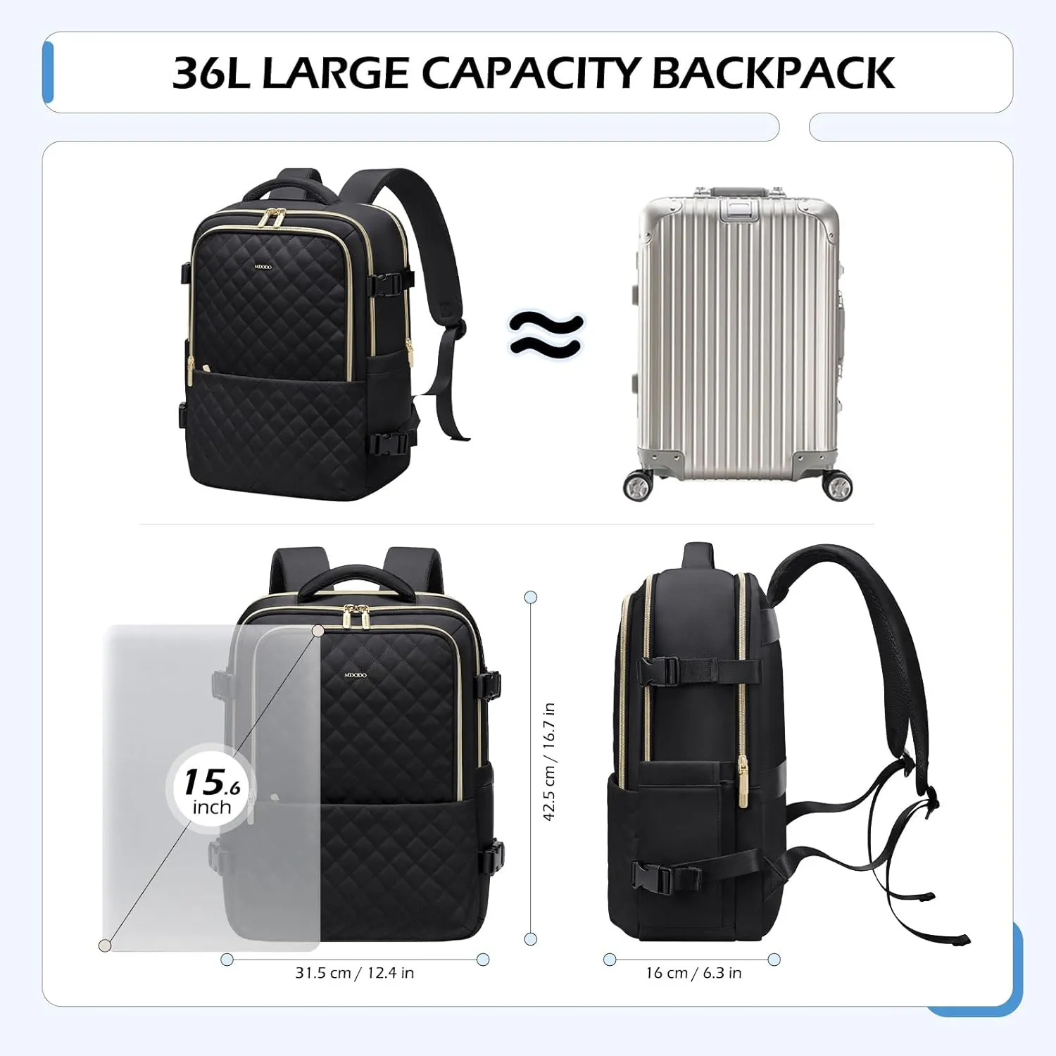 Travel Backpack for Women Men - Large Carry On Luggage Laptop Backpack Lightweight Daypack Waterproof Causal Bookbag Computer Backpack for College,Travel,Work,Fits 15.6Inch, 36L, Black