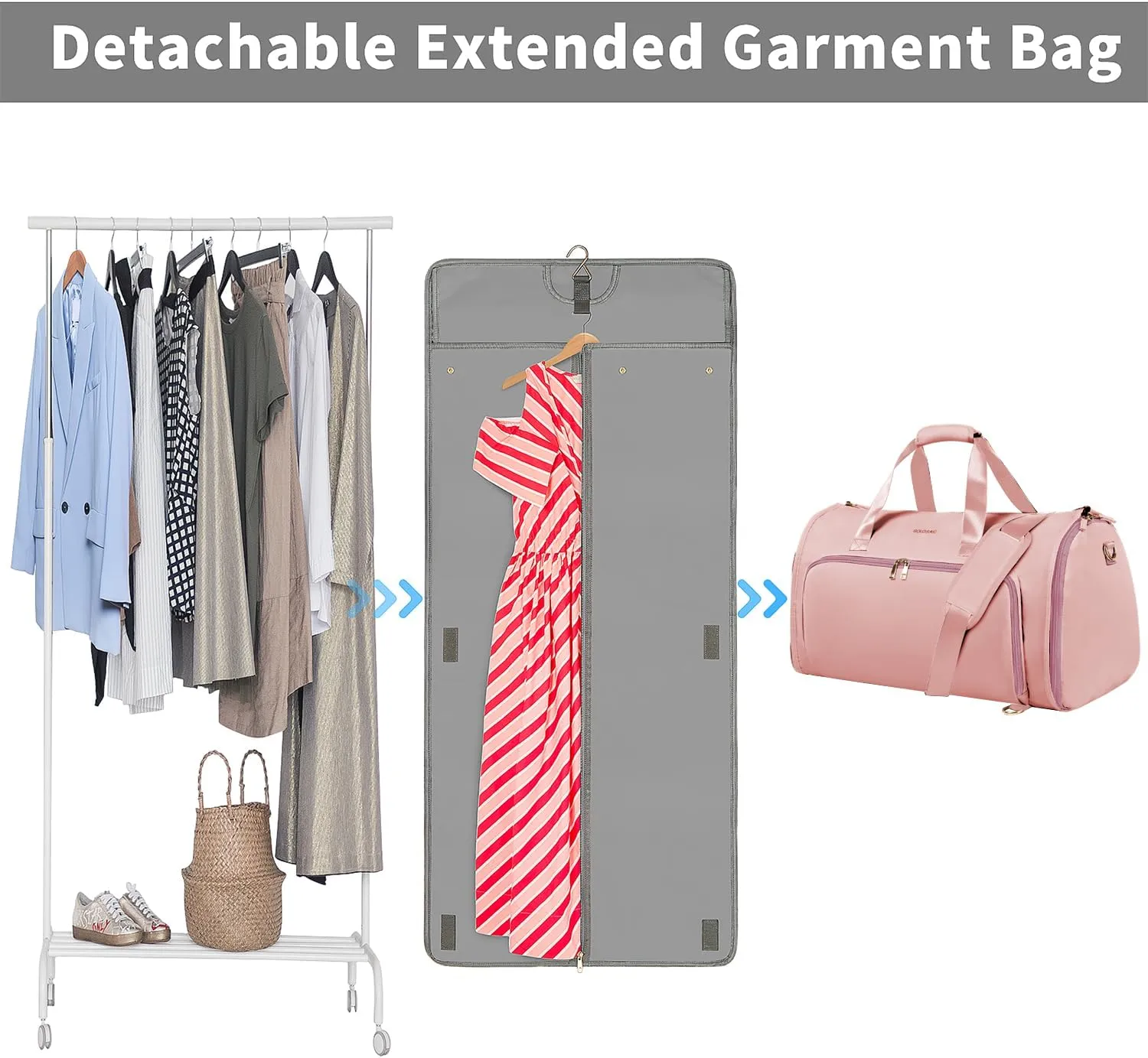 Travel Garment Bags for Women, Convertible Garment Bag with Detachable Hanging Suit Bag, Carry on Duffle Bag with Shoulder and Backpack Straps, Luggage Dress Bag with 2 Shoes Cover, Pink