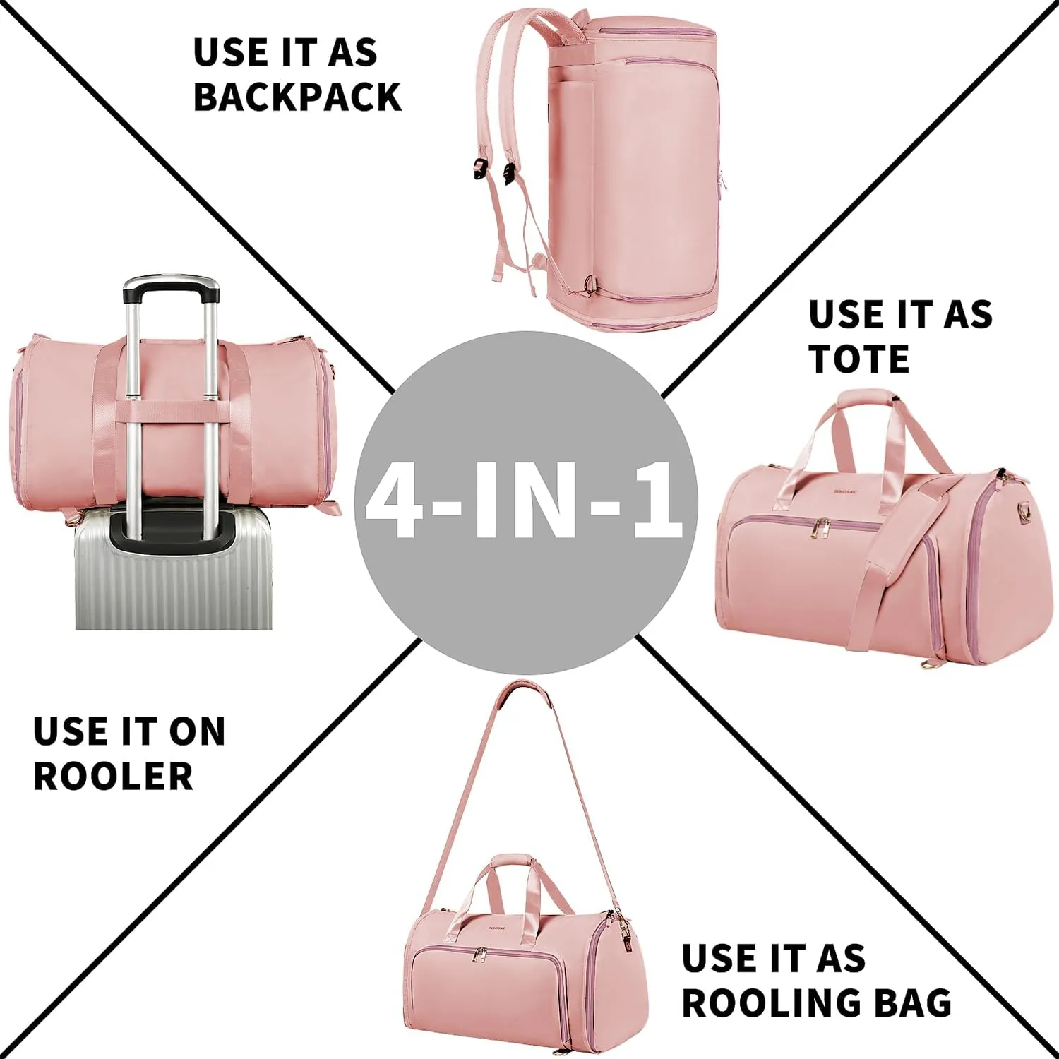 Travel Garment Bags for Women, Convertible Garment Bag with Detachable Hanging Suit Bag, Carry on Duffle Bag with Shoulder and Backpack Straps, Luggage Dress Bag with 2 Shoes Cover, Pink