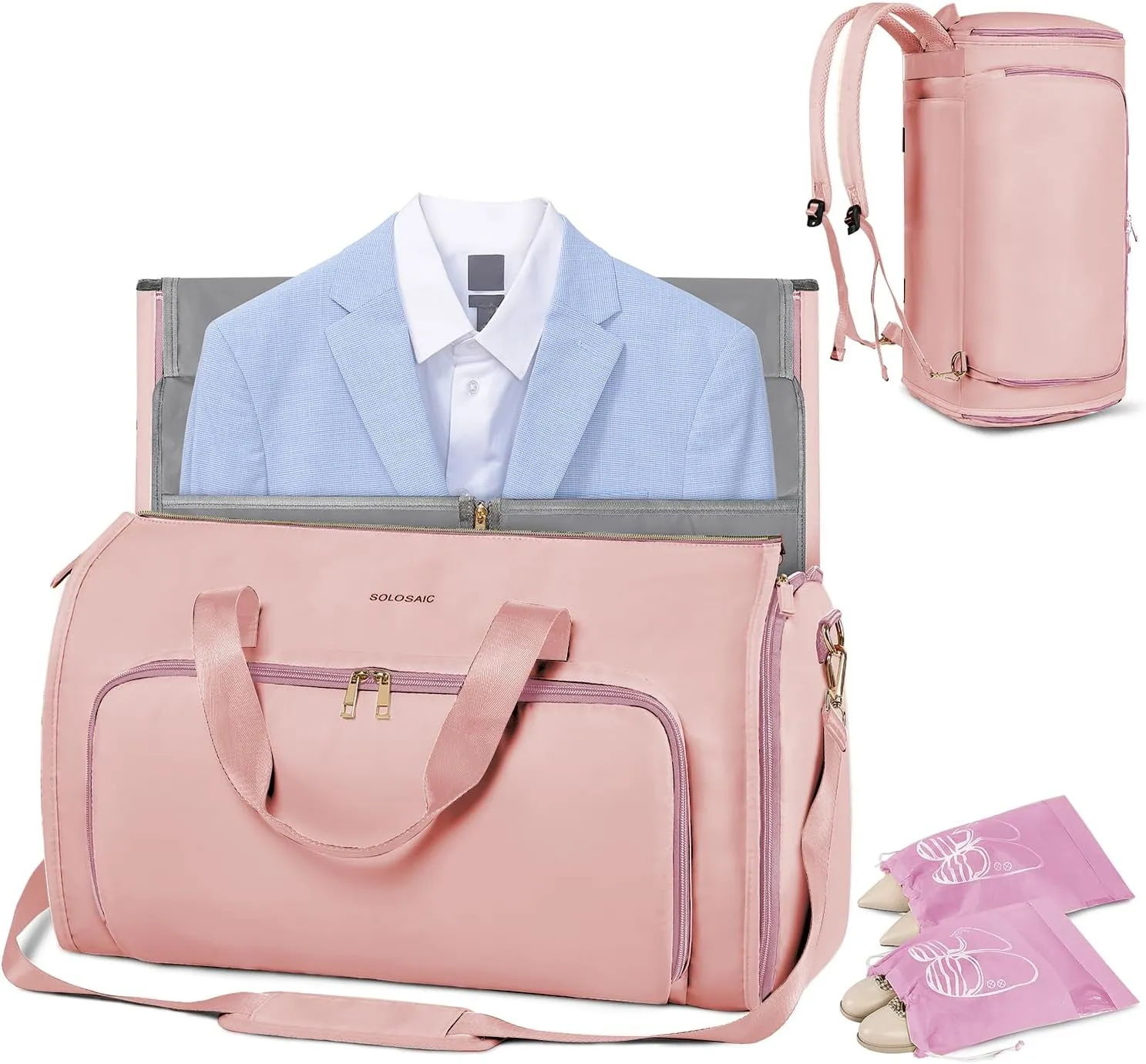 Travel Garment Bags for Women, Convertible Garment Bag with Detachable Hanging Suit Bag, Carry on Duffle Bag with Shoulder and Backpack Straps, Luggage Dress Bag with 2 Shoes Cover, Pink