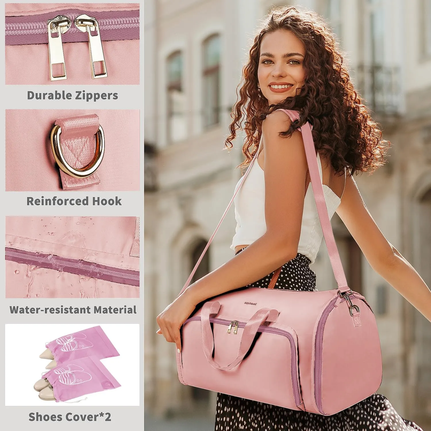 Travel Garment Bags for Women, Convertible Garment Bag with Detachable Hanging Suit Bag, Carry on Duffle Bag with Shoulder and Backpack Straps, Luggage Dress Bag with 2 Shoes Cover, Pink