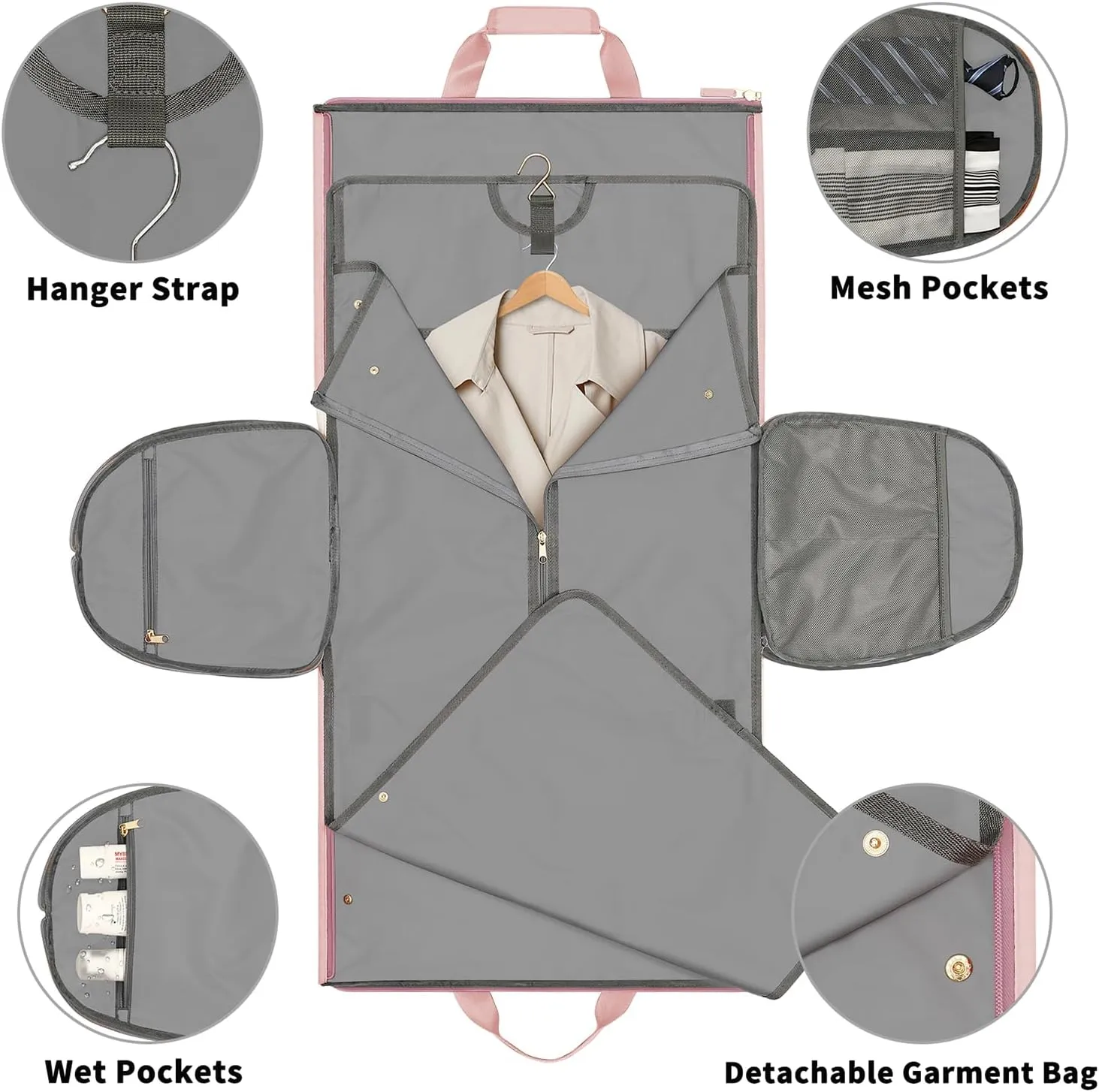 Travel Garment Bags for Women, Convertible Garment Bag with Detachable Hanging Suit Bag, Carry on Duffle Bag with Shoulder and Backpack Straps, Luggage Dress Bag with 2 Shoes Cover, Pink