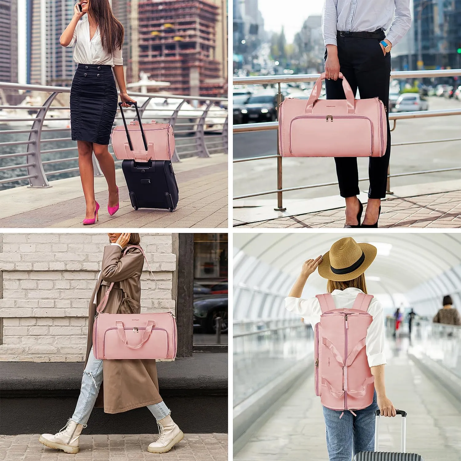 Travel Garment Bags for Women, Convertible Garment Bag with Detachable Hanging Suit Bag, Carry on Duffle Bag with Shoulder and Backpack Straps, Luggage Dress Bag with 2 Shoes Cover, Pink