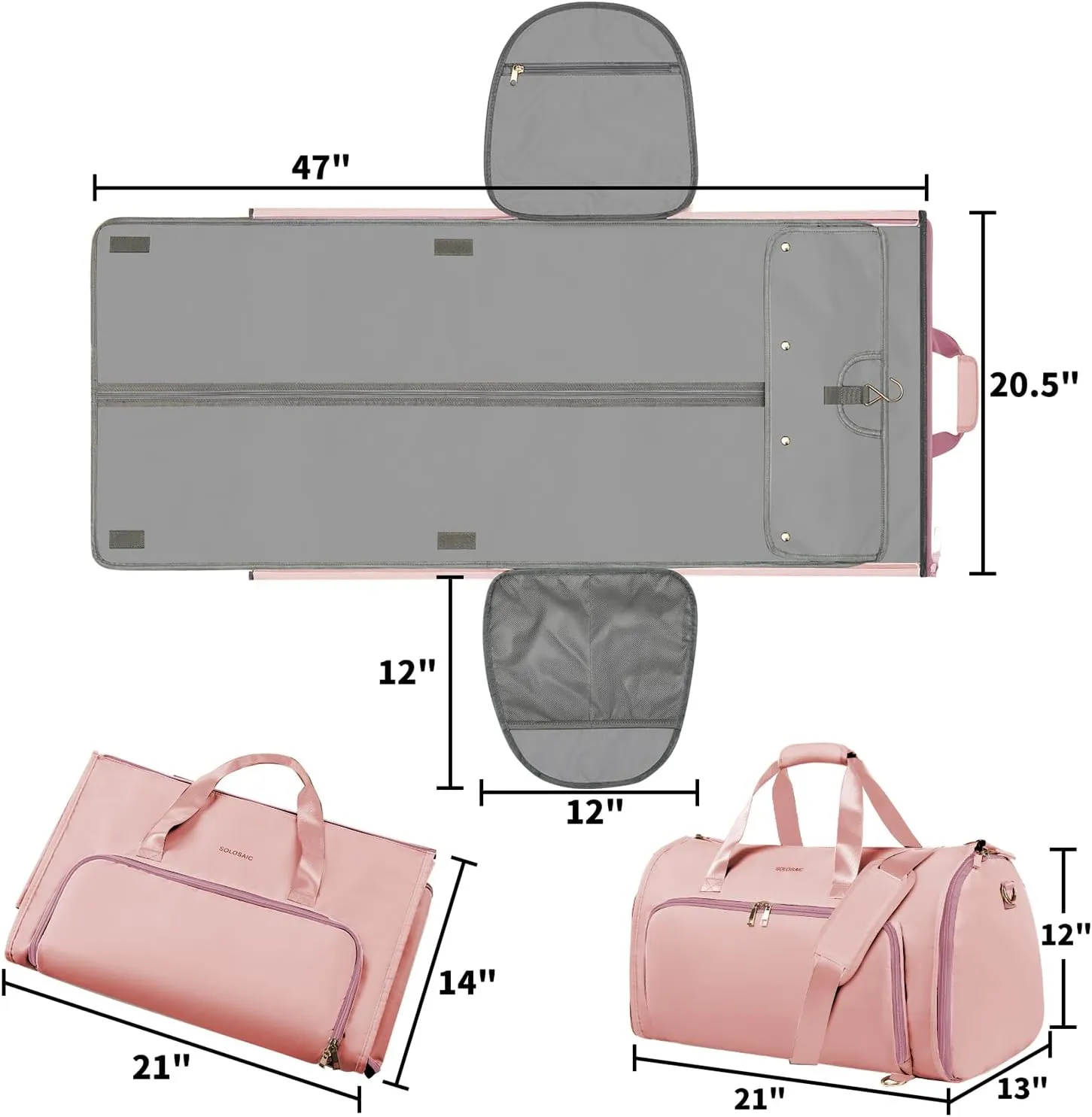 Travel Garment Bags for Women, Convertible Garment Bag with Detachable Hanging Suit Bag, Carry on Duffle Bag with Shoulder and Backpack Straps, Luggage Dress Bag with 2 Shoes Cover, Pink