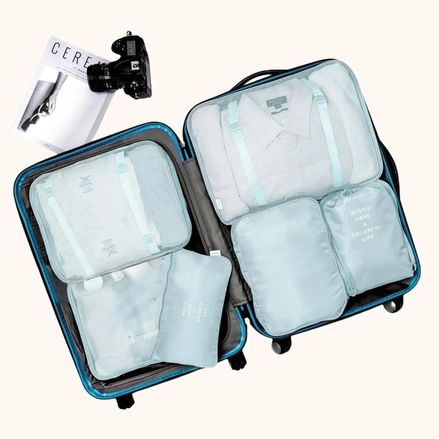 Travel Packing Cubes, VAGREEZ Lightweight Luggage Organizers Bags Set for Carry on Suitcase(6 Pcs Light Blue)