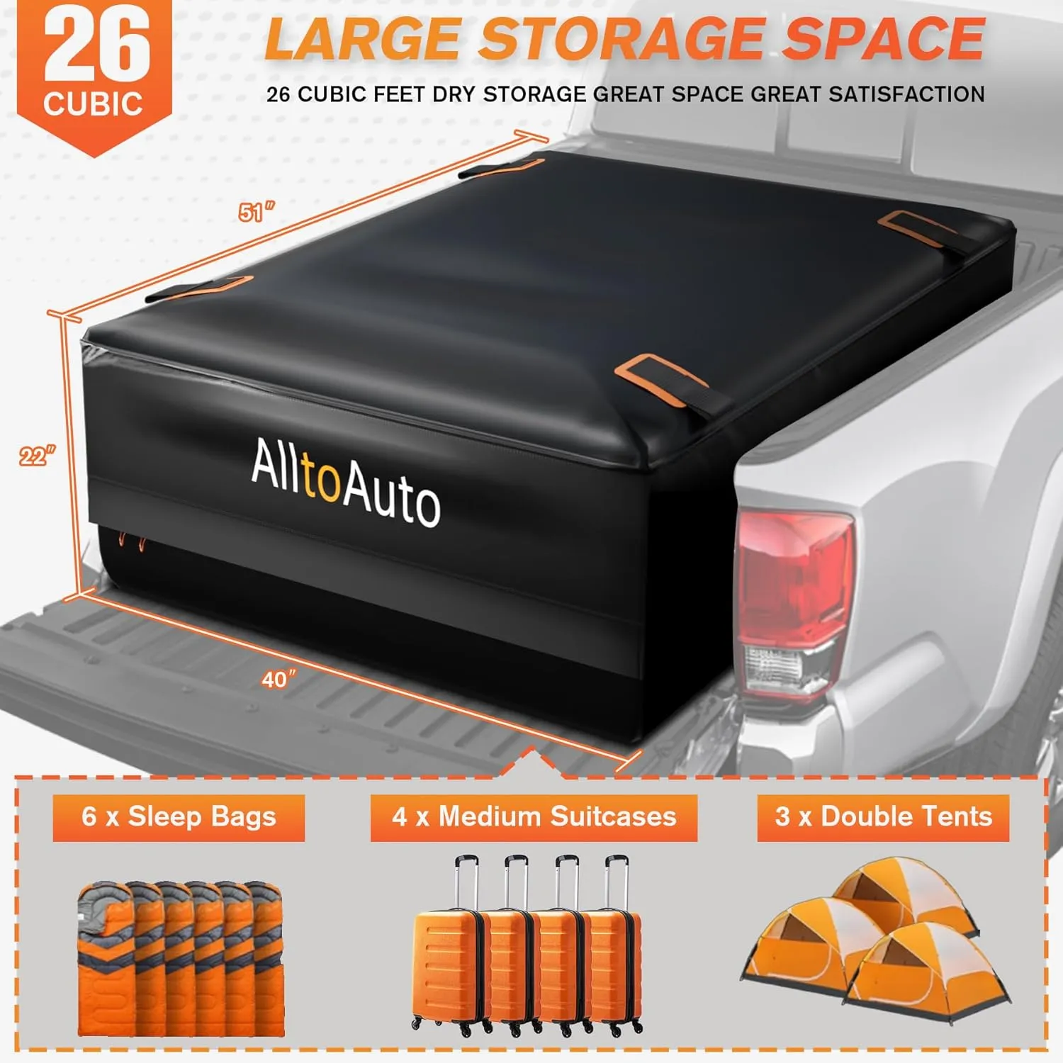 Truck Bed Cargo Bag, 26 Cubic Feet (51''x40''x22''), 100% Waterproof 1000D Heavy Duty, Fits Any Truck Size, Simple and Convenient for Installation