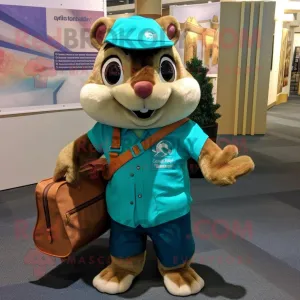 Turquoise Chipmunk mascot costume character dressed with a Oxford Shirt and Tote bags