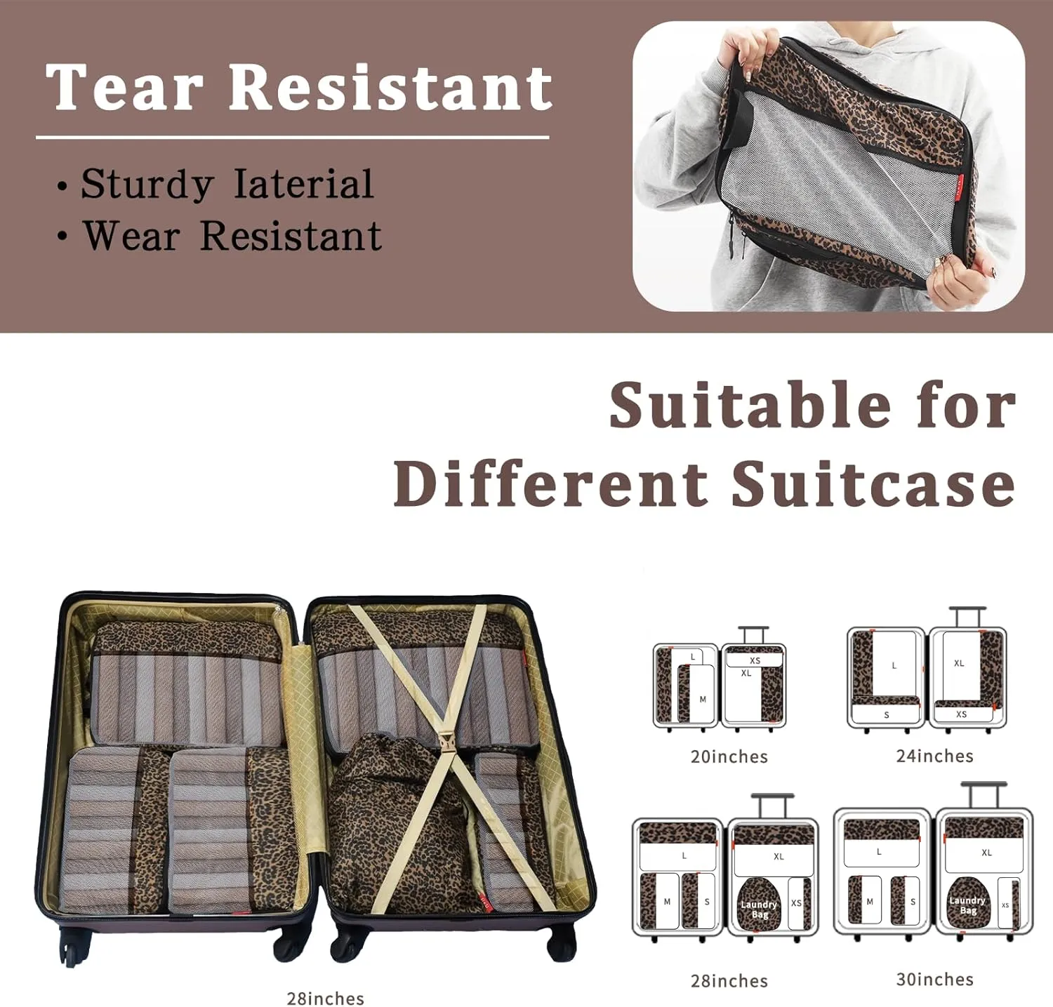 U U 6 Set Compression Packing Cubes - Ultralight Travel Organizers with Laundry Bag, Space-Saving Suitcase Organizer, Expandable Packing Cubes for Travel, Business Trip and Family Vacation (Leopard)