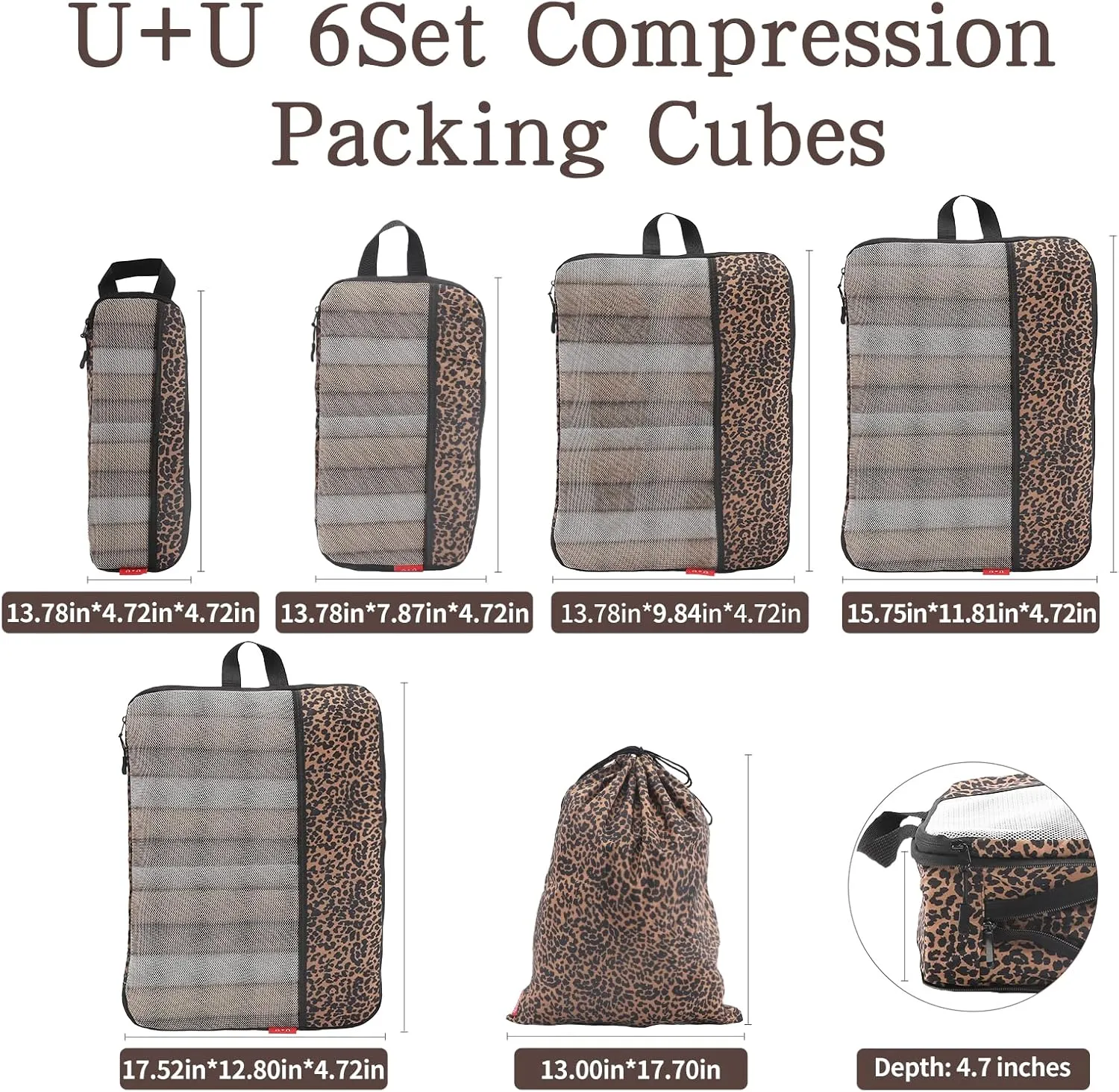 U U 6 Set Compression Packing Cubes - Ultralight Travel Organizers with Laundry Bag, Space-Saving Suitcase Organizer, Expandable Packing Cubes for Travel, Business Trip and Family Vacation (Leopard)