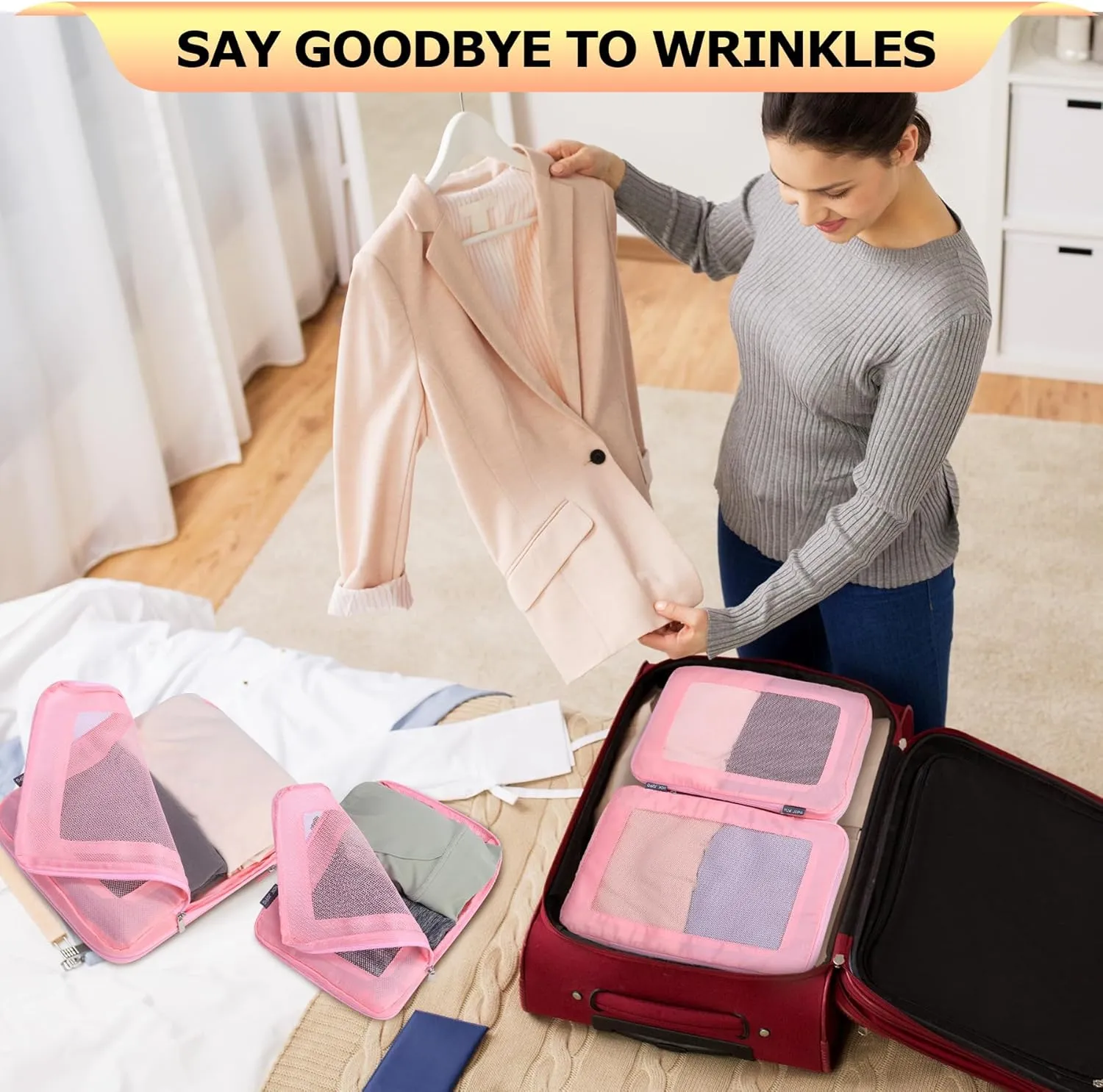 Ultralight Compression Packing Cubes Travel for Suitcases ，Compressible Mesh Packing Cubes for Travel Women Packing Organizers 4 Set