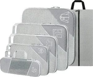 Ultralight Suitcase Organiser Bags Set - 6 Expandable Packing Cubes for Travel Essentials, Carry-on Luggage Suitcase (Grey)