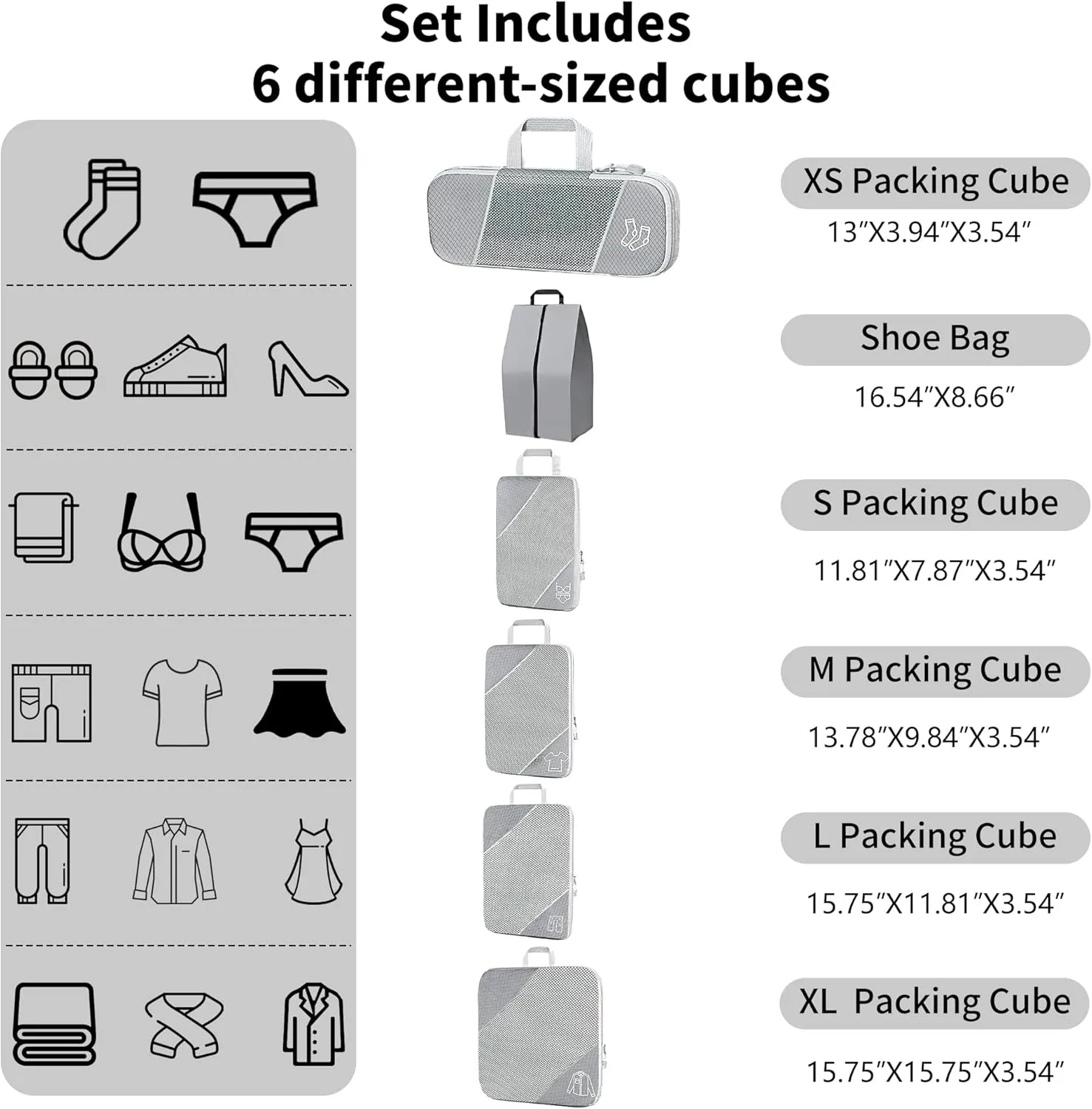 Ultralight Suitcase Organiser Bags Set - 6 Expandable Packing Cubes for Travel Essentials, Carry-on Luggage Suitcase (Grey)