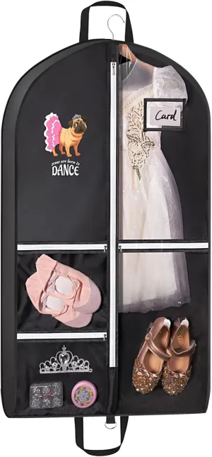 Univivi Dance Garment Bags for Dancers, 3" Gusseted Garment Bags for Dance Costumes with 5 Pockets, 40" Dance Garment Bag with Puppy Pattern for Dance Competitions and Travel (Black)