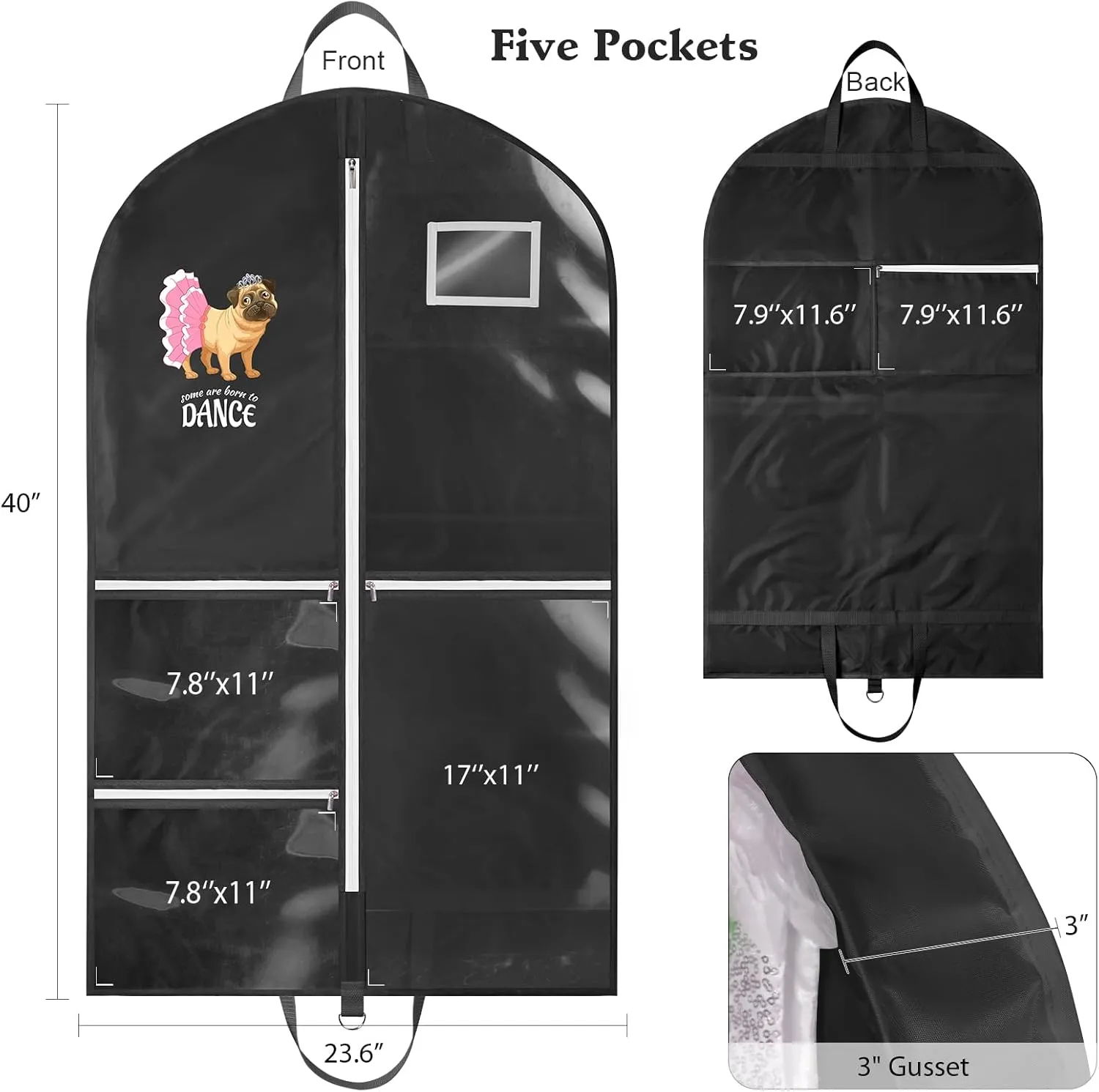 Univivi Dance Garment Bags for Dancers, 3" Gusseted Garment Bags for Dance Costumes with 5 Pockets, 40" Dance Garment Bag with Puppy Pattern for Dance Competitions and Travel (Black)