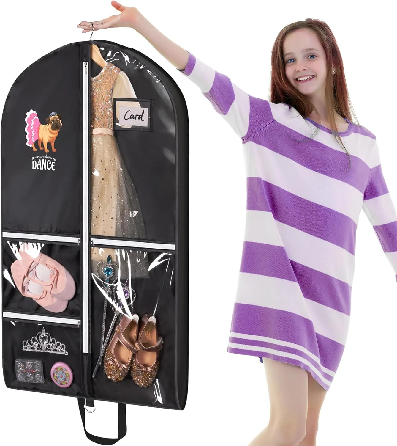 Univivi Dance Garment Bags for Dancers, 3" Gusseted Garment Bags for Dance Costumes with 5 Pockets, 40" Dance Garment Bag with Puppy Pattern for Dance Competitions and Travel (Black)