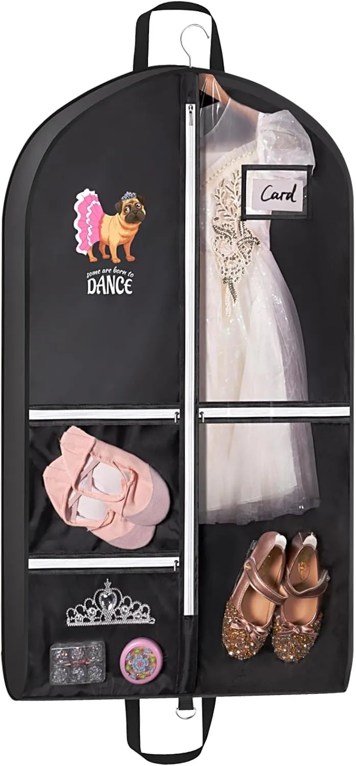 Univivi Dance Garment Bags for Dancers, 3" Gusseted Garment Bags for Dance Costumes with 5 Pockets, 40" Dance Garment Bag with Puppy Pattern for Dance Competitions and Travel (Black)