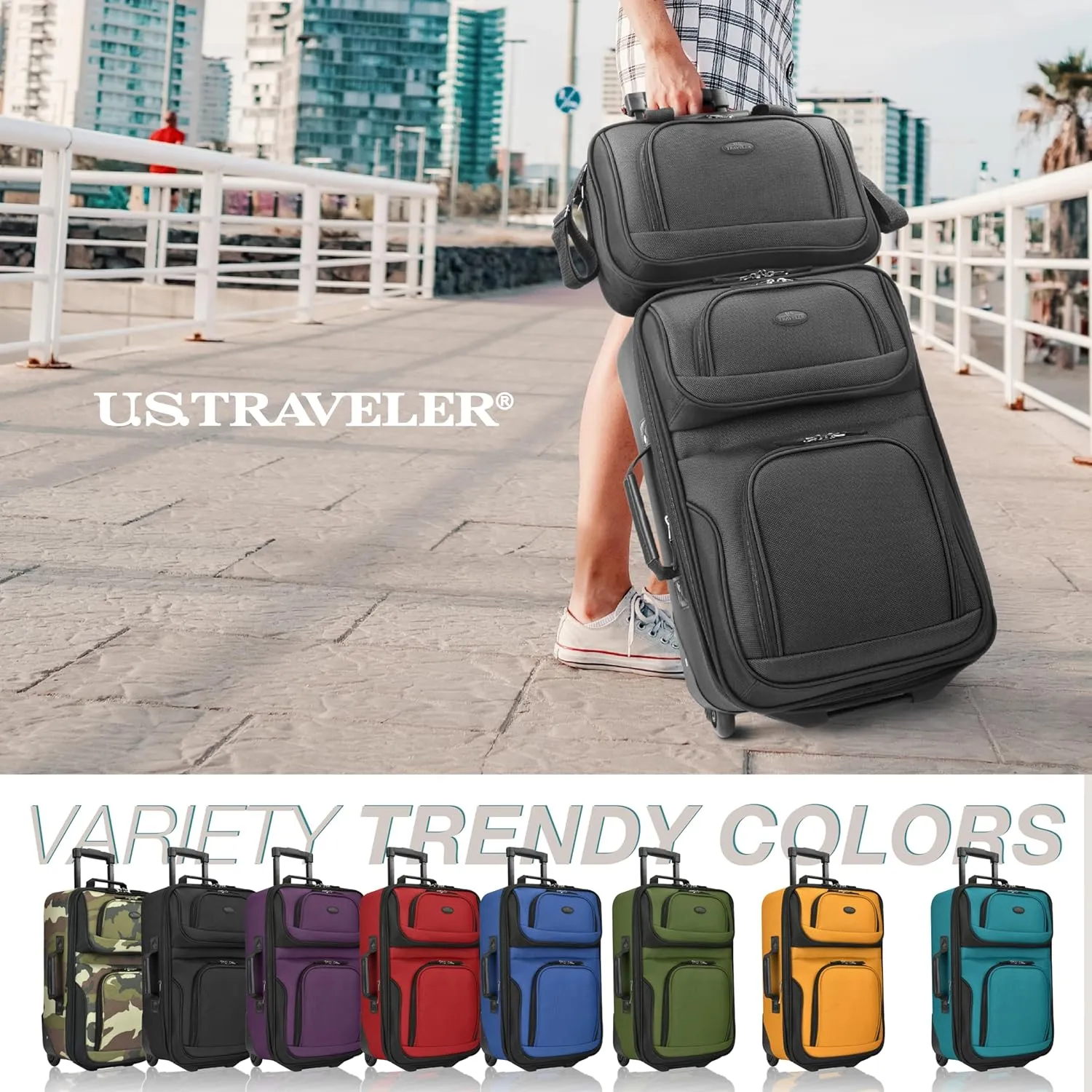 U.S. Traveler Lightweight Rolling 20" Carry On Luggage Softside Suitcase, Black, 2 Wheel-2 Piece