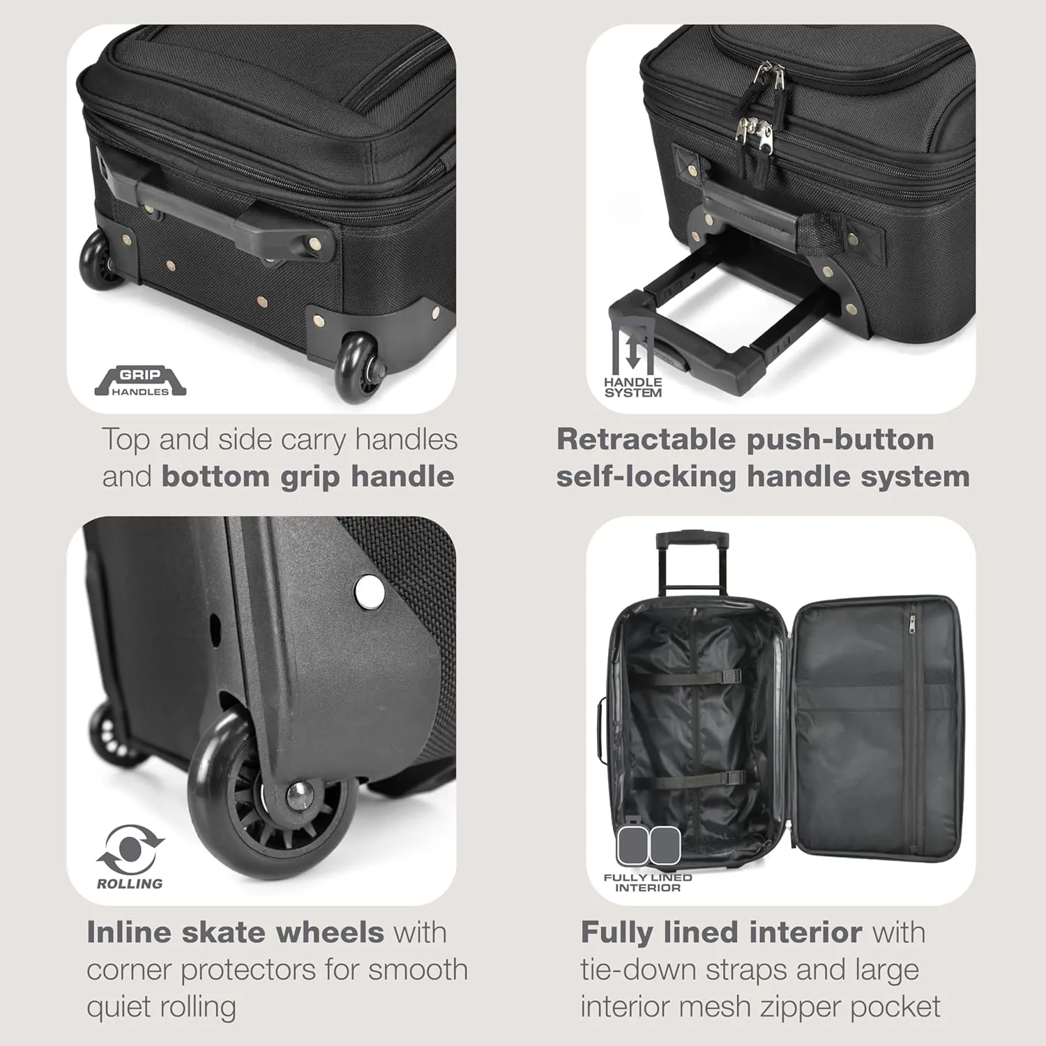 U.S. Traveler Lightweight Rolling 20" Carry On Luggage Softside Suitcase, Black, 2 Wheel-2 Piece
