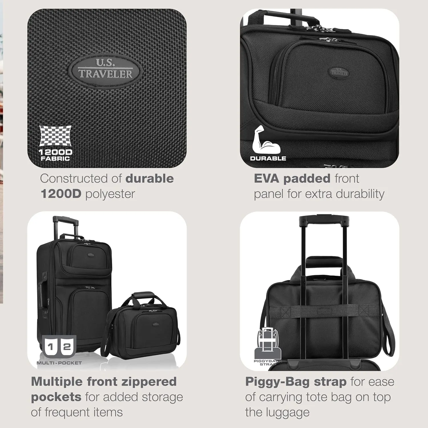 U.S. Traveler Lightweight Rolling 20" Carry On Luggage Softside Suitcase, Black, 2 Wheel-2 Piece