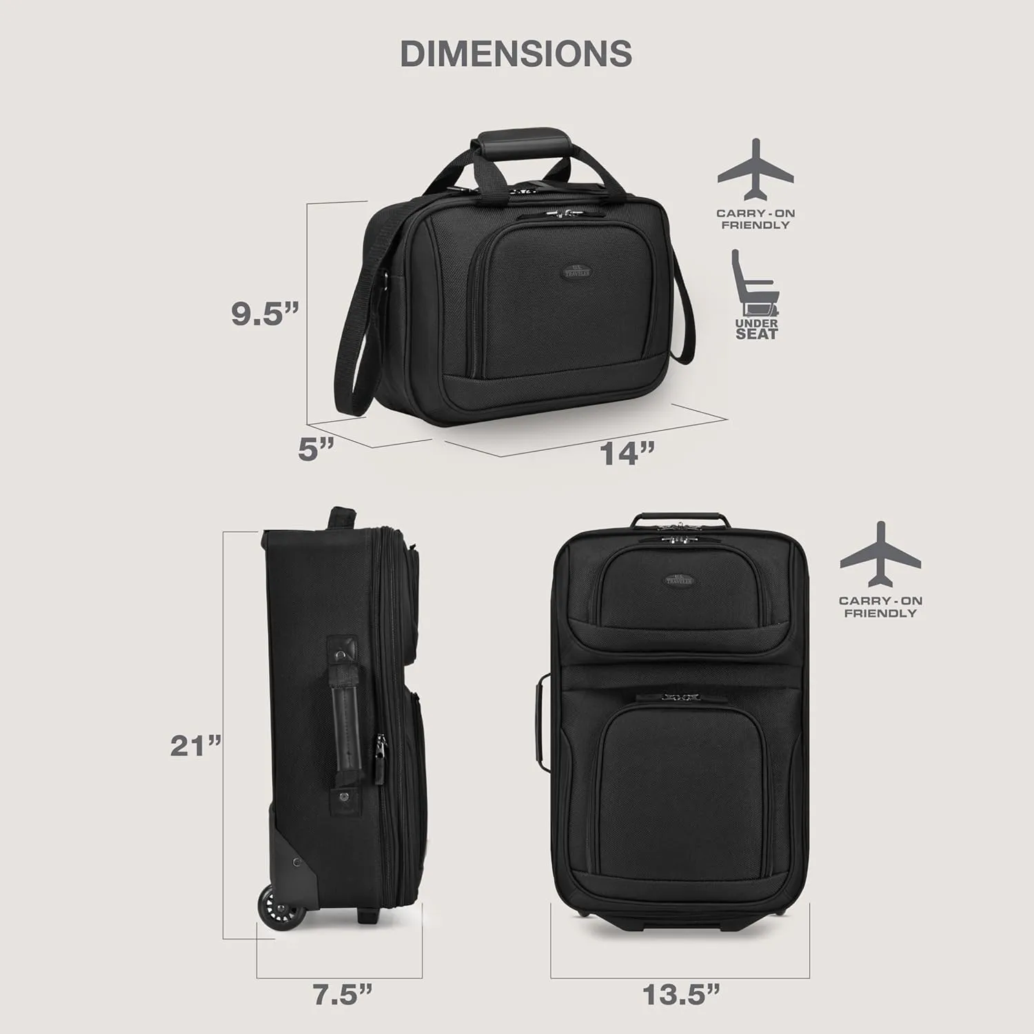 U.S. Traveler Lightweight Rolling 20" Carry On Luggage Softside Suitcase, Black, 2 Wheel-2 Piece