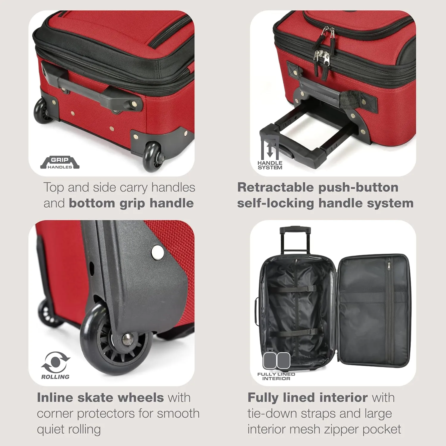 U.S. Traveler Lightweight Rolling 20" Carry On Luggage Softside Suitcase, Red, 2 Wheel-2 Piece