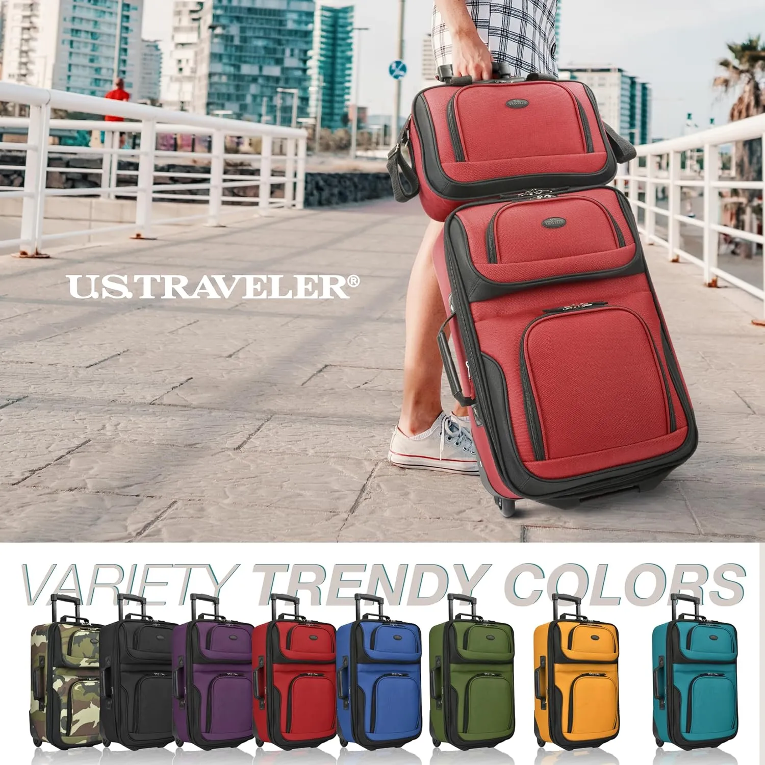 U.S. Traveler Lightweight Rolling 20" Carry On Luggage Softside Suitcase, Red, 2 Wheel-2 Piece