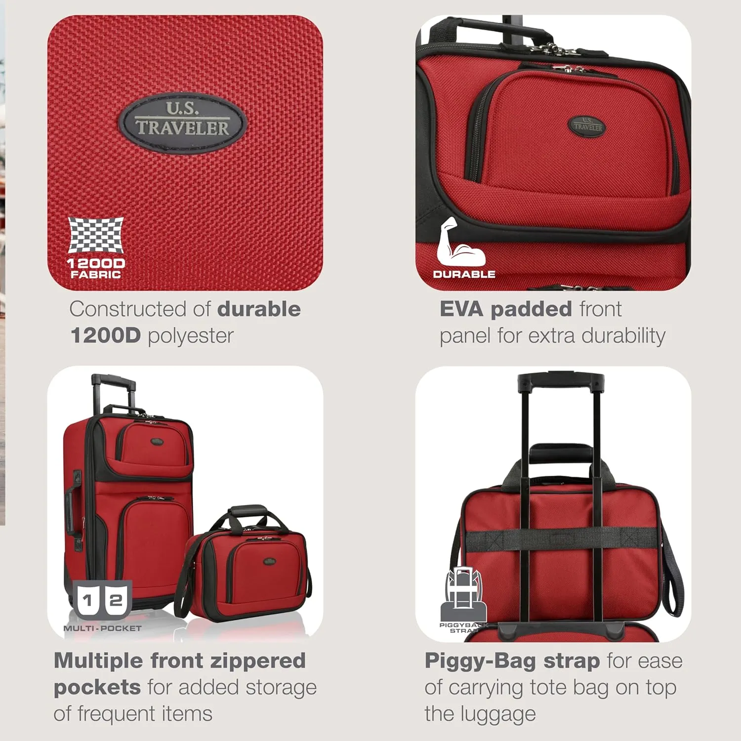 U.S. Traveler Lightweight Rolling 20" Carry On Luggage Softside Suitcase, Red, 2 Wheel-2 Piece