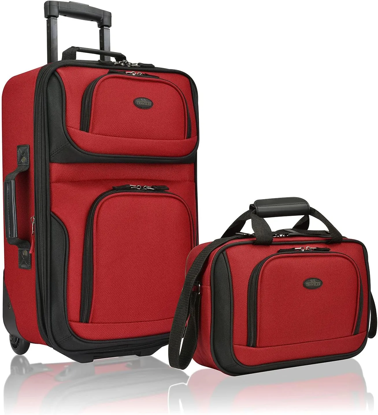 U.S. Traveler Lightweight Rolling 20" Carry On Luggage Softside Suitcase, Red, 2 Wheel-2 Piece