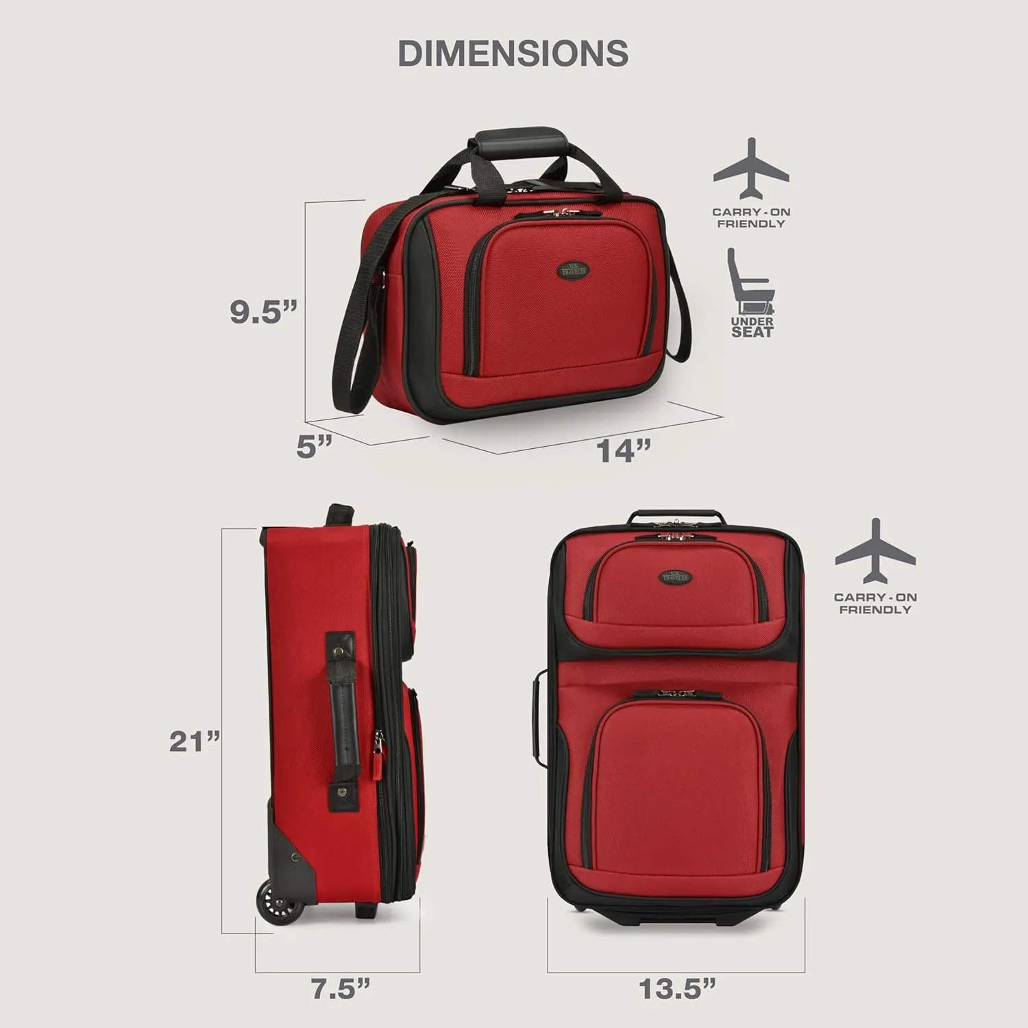 U.S. Traveler Lightweight Rolling 20" Carry On Luggage Softside Suitcase, Red, 2 Wheel-2 Piece