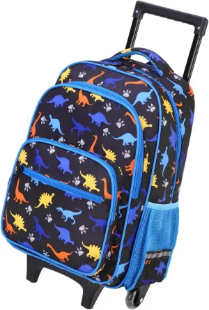 VASCHY Rolling Backpack Kids, 17in Water Resistant Large Schoolbag Carry-on Travel Trip Bag with Wheels for Boys Blue Dinos