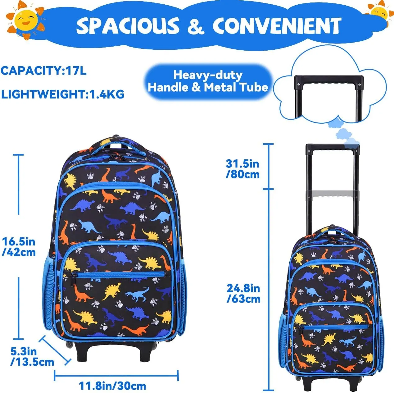 VASCHY Rolling Backpack Kids, 17in Water Resistant Large Schoolbag Carry-on Travel Trip Bag with Wheels for Boys Blue Dinos