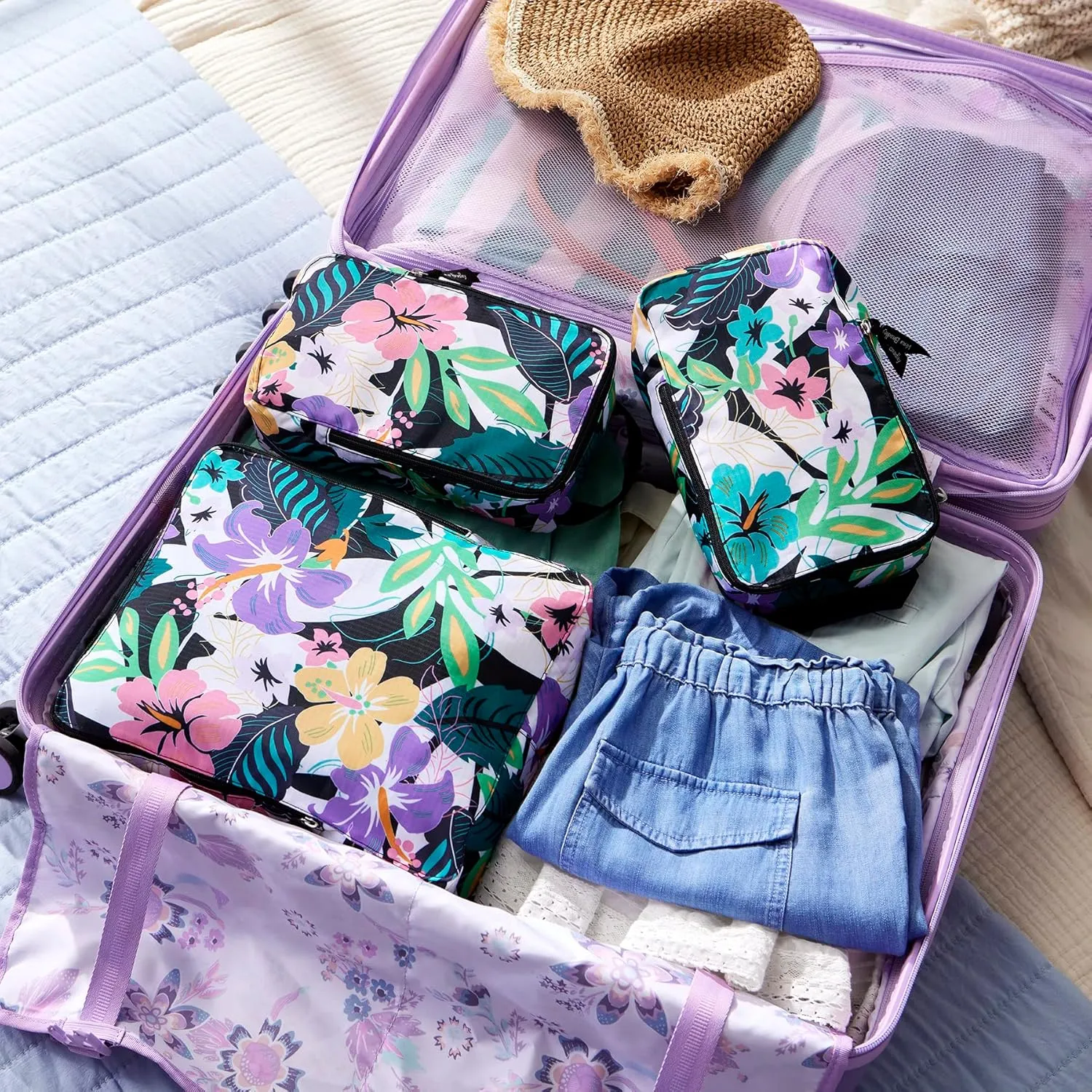 Vera Bradley Women's Compression Packing Cube 3-Piece Set Travel Accessory, Botanical Ditsy, One Size