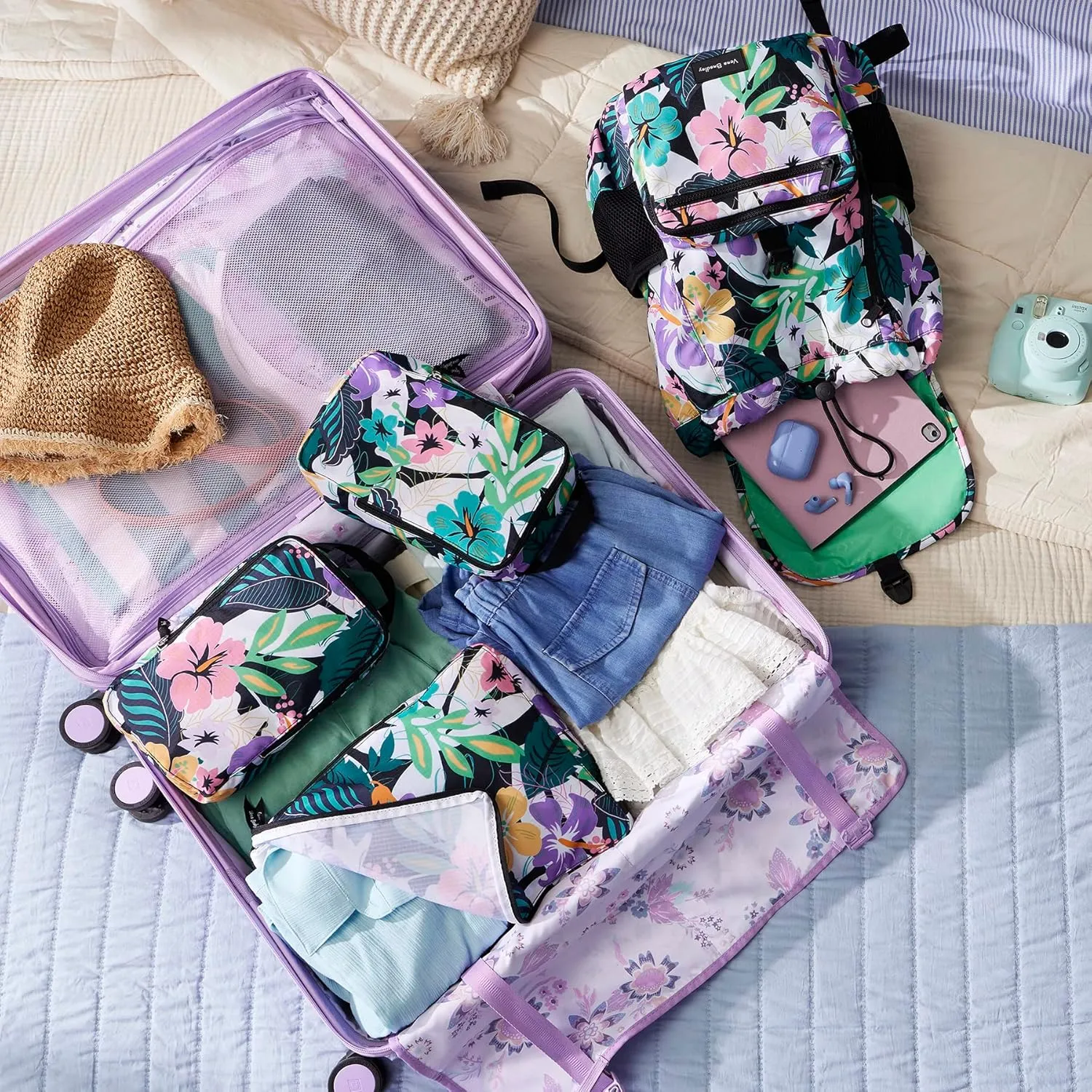 Vera Bradley Women's Compression Packing Cube 3-Piece Set Travel Accessory, Botanical Ditsy, One Size