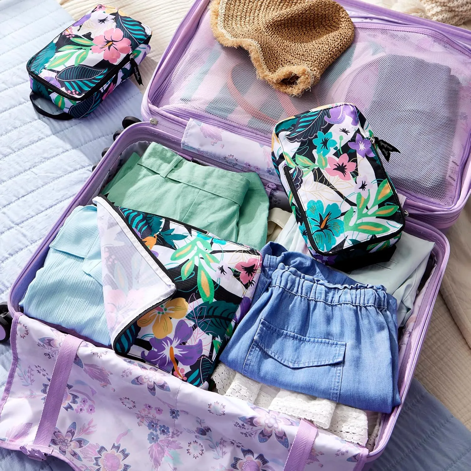 Vera Bradley Women's Compression Packing Cube 3-Piece Set Travel Accessory, Botanical Ditsy, One Size