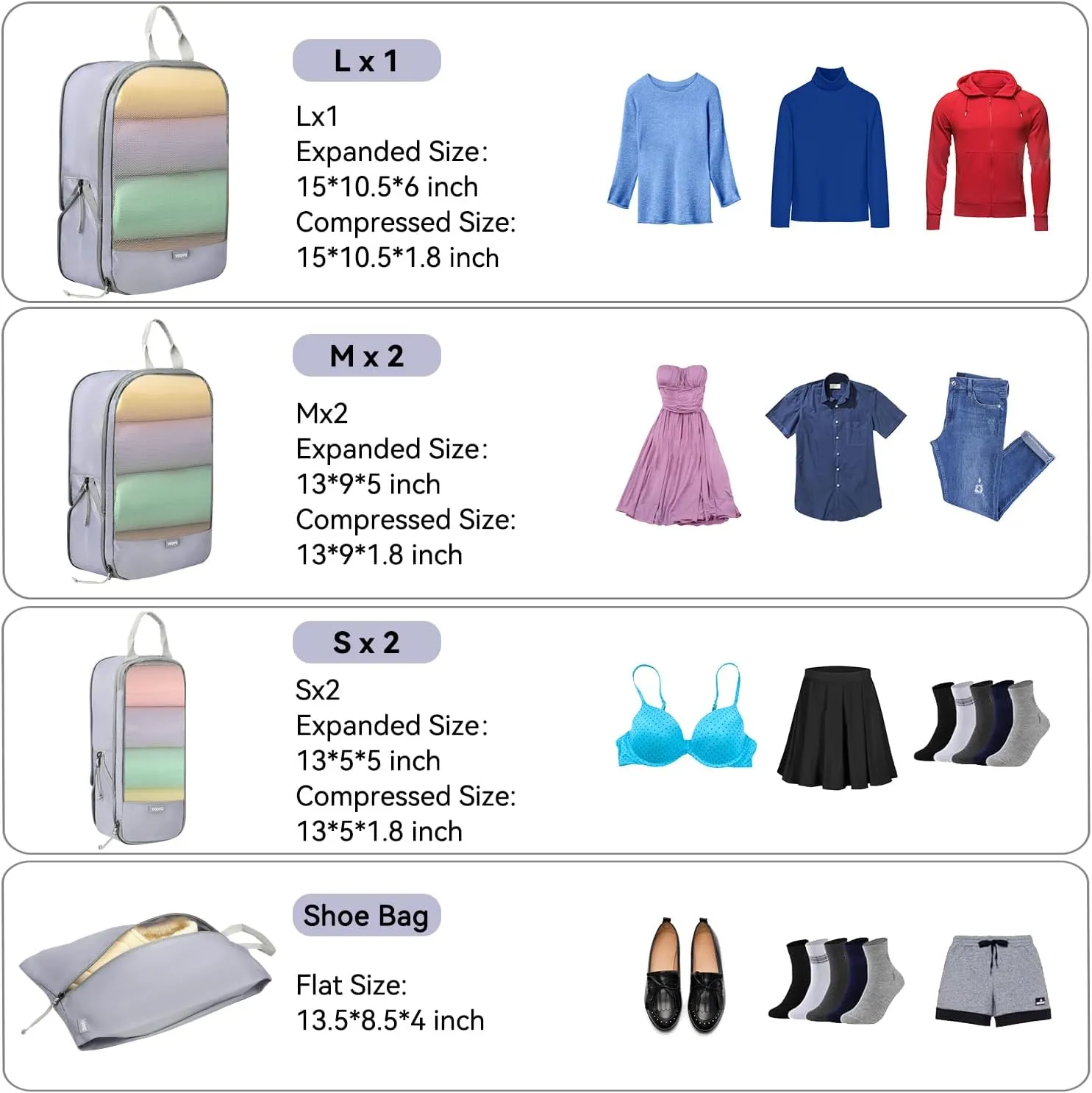 Voova 6 Set Compression Packing Cubes, Travel Accessories Expandable Packing Organizer Bags Set for Carry on Suitcase, Durable Luggage Packing Cubes for Travel Essentials,Grey