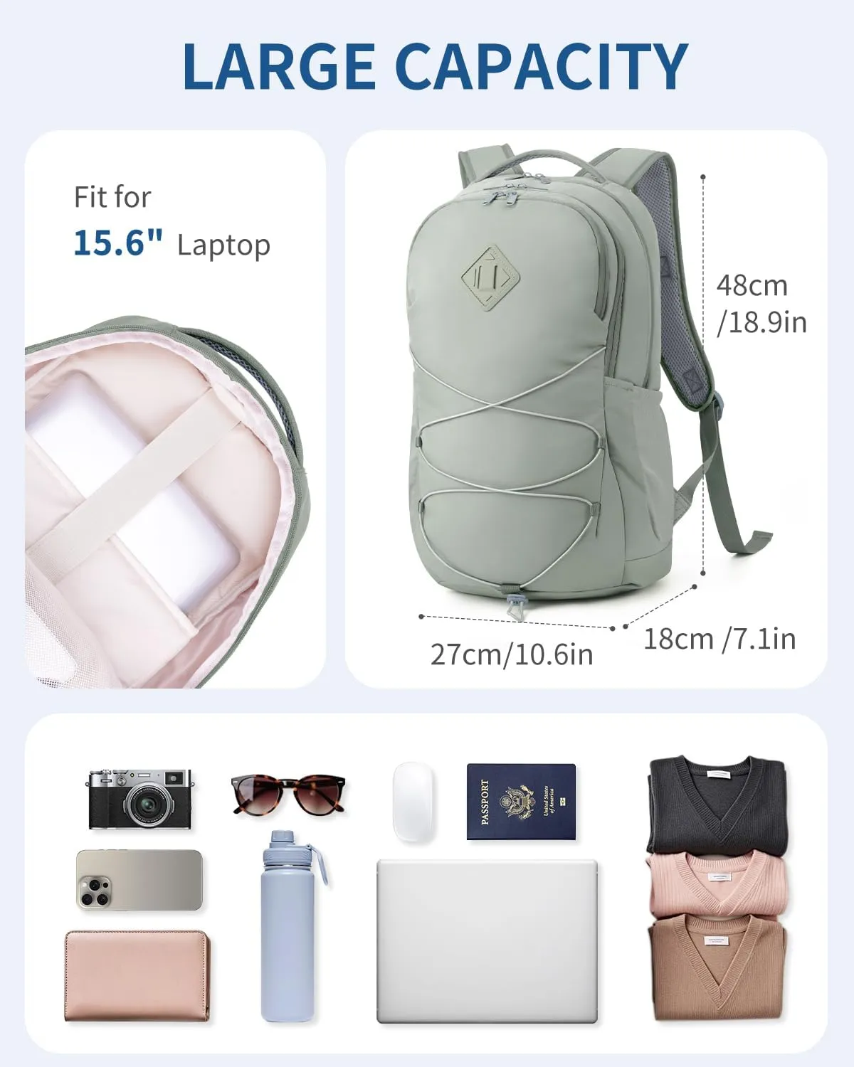 WANDF 15.6-Inch Laptop Backpack for Women Men Airline Approved Water Resistant Lightweight Travel Bag Casual Backpack for Weekender Business with Whistle Buckle & Elastic Strap (Green)