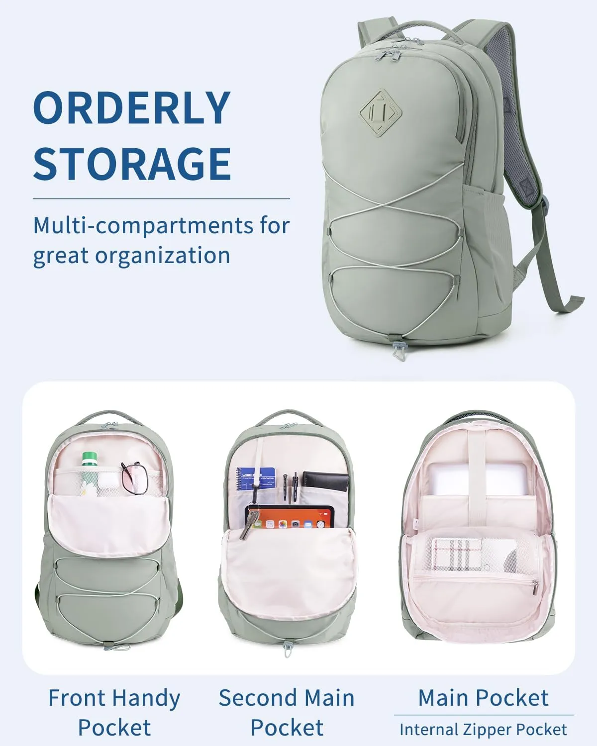 WANDF 15.6-Inch Laptop Backpack for Women Men Airline Approved Water Resistant Lightweight Travel Bag Casual Backpack for Weekender Business with Whistle Buckle & Elastic Strap (Green)
